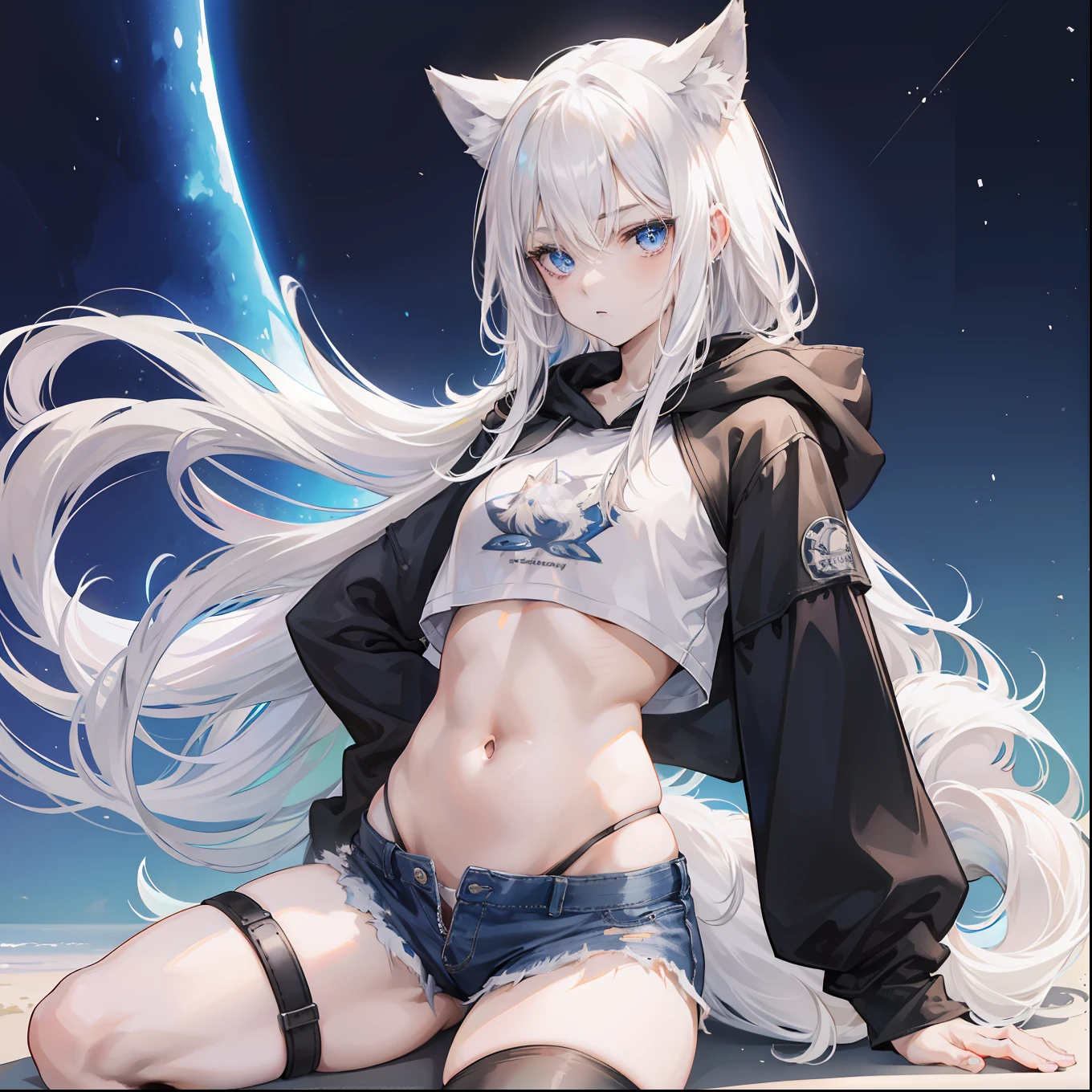 feminine male with long flowing white hair, has wolf ears, has wolf tail, wearing denim short shorts and a cropped black hoodie, thick thighs, wide hips, wearing thigh high socks, solo, alone, no wolves, showing belly, has glowing blue eyes, flat chested