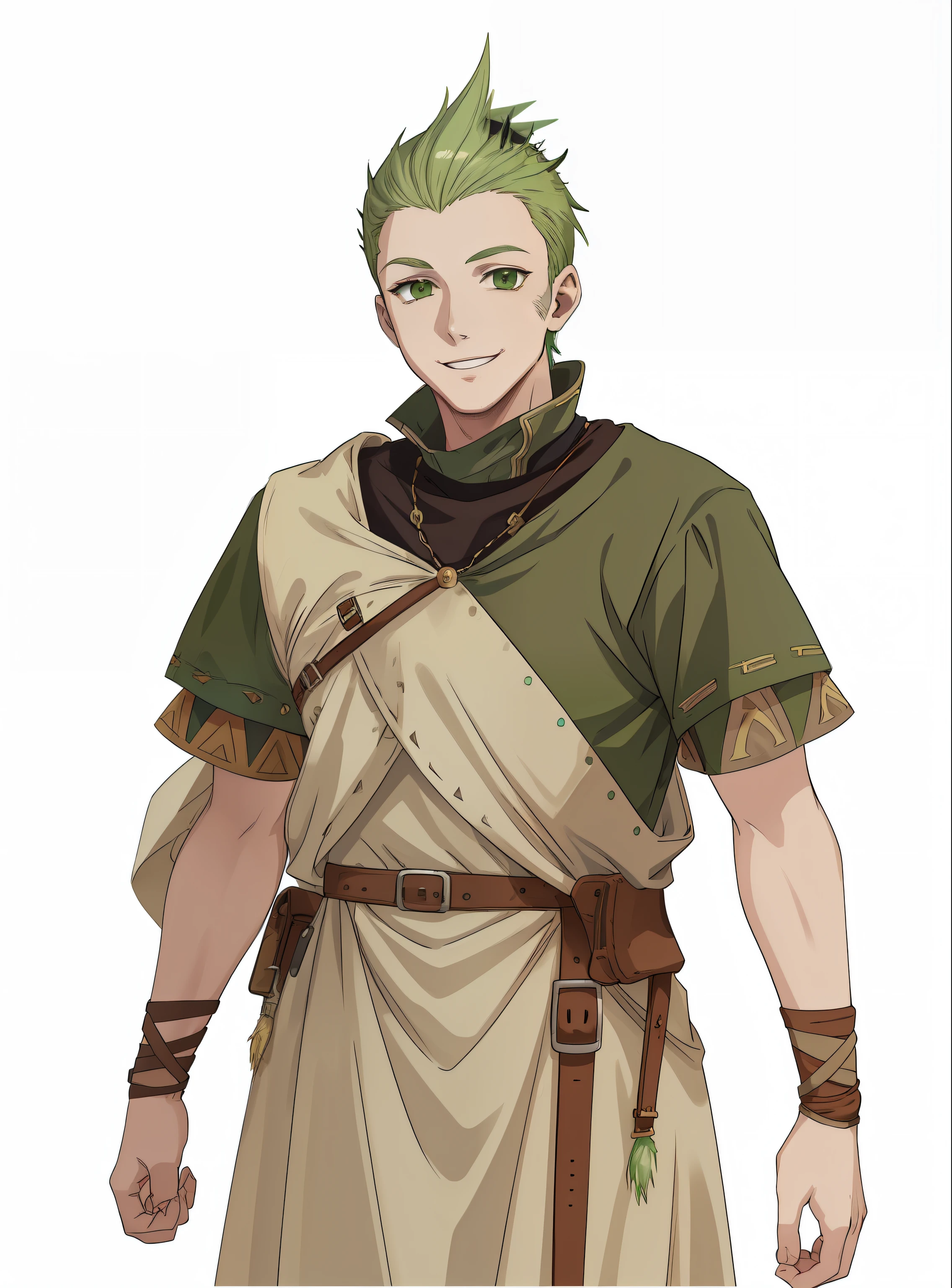 anime screenshot Medieval European cloth costumes 28-year-old man with short hair in green mohawk mowing stands He looks at us with a smile。Fine line art 2020s anime light skinned Detail Up