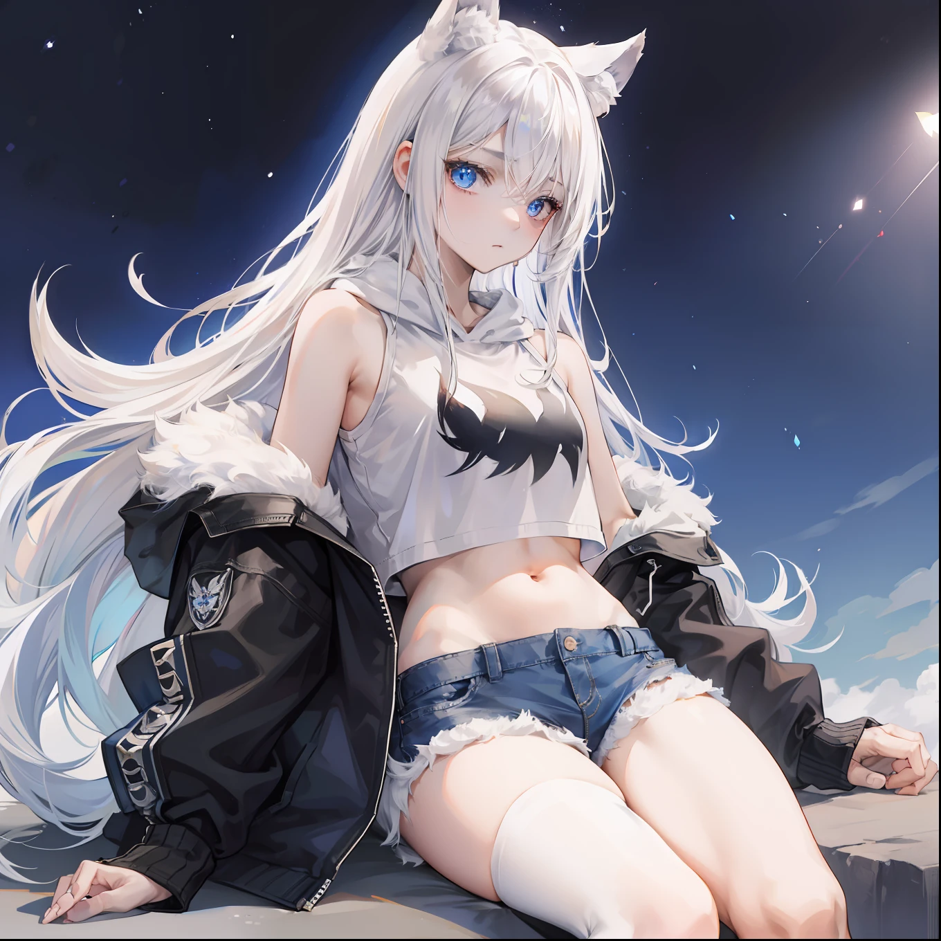 feminine male with long flowing white hair, has wolf ears, has wolf tail, wearing denim short shorts and a cropped black hoodie, thick thighs, wide hips, wearing thigh high socks, solo, alone, no wolves, showing belly, has glowing blue eyes, flat chested