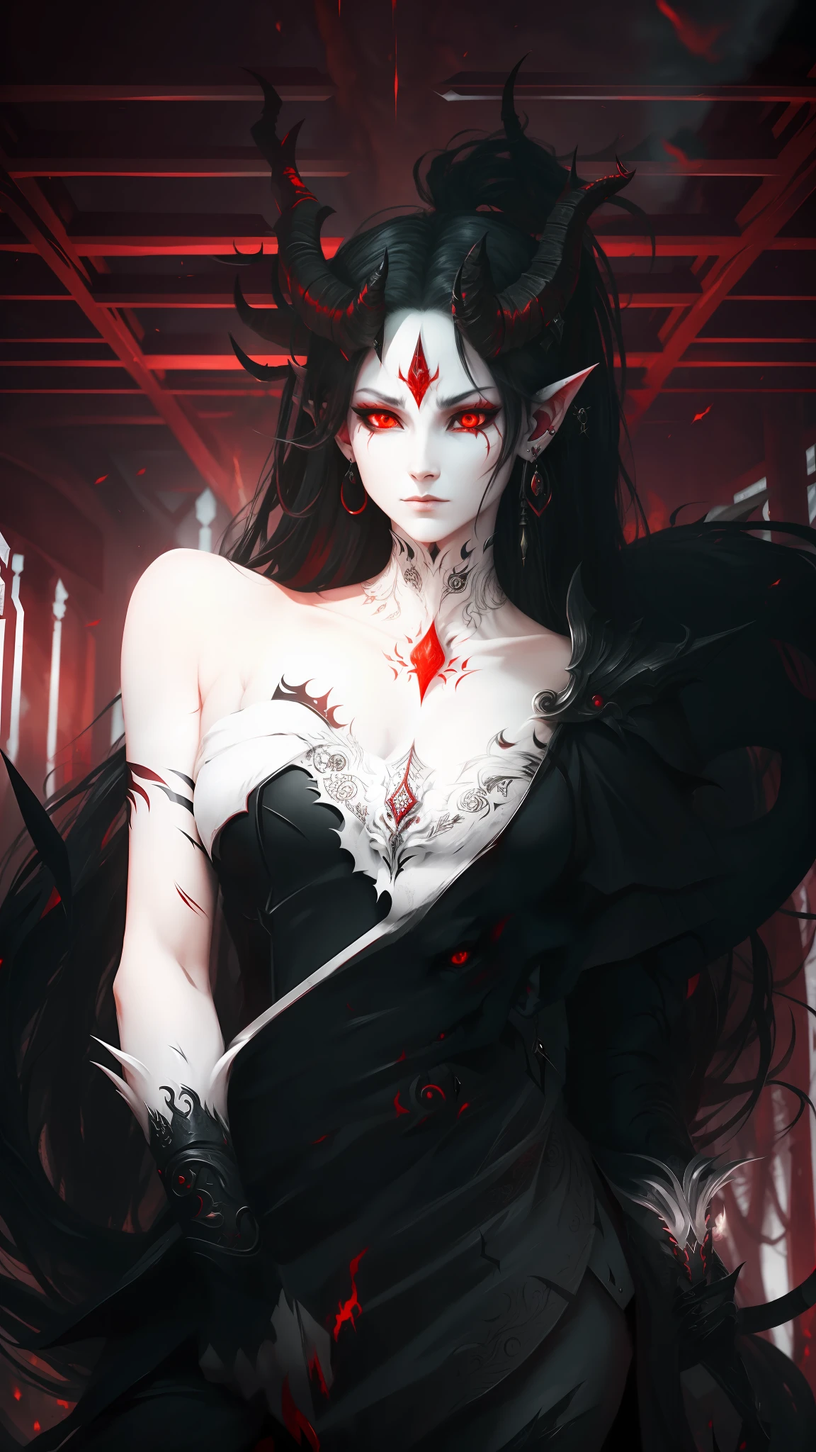 Demon with human face, horns, and a red forked tongue.red eyes and earrings on the ears. With long, black claws, best quality , masterpiece, high resolution, 4k