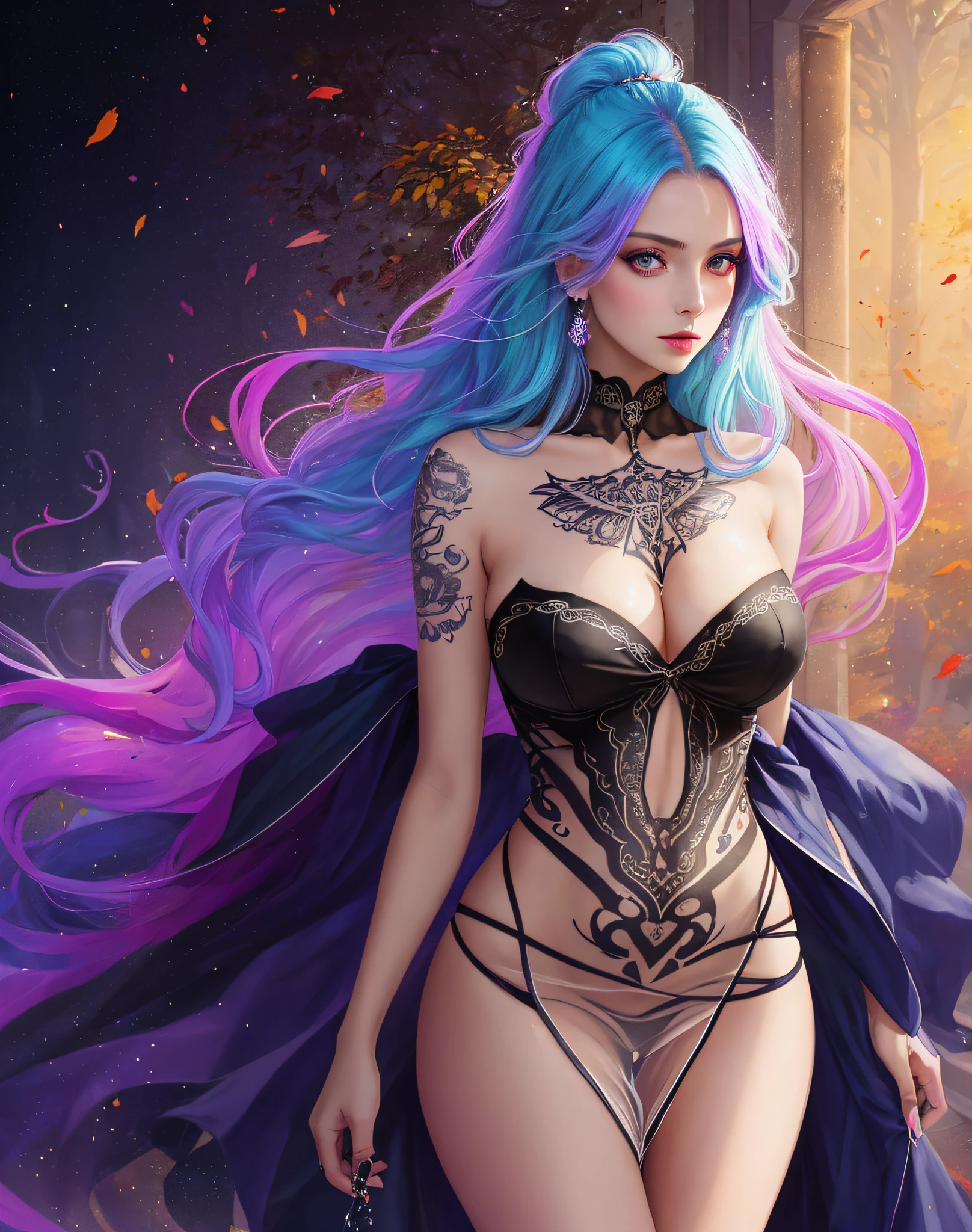 (Best Quality, masutepiece, Realistic:1.2), 8K, hight resolution, Portrait (symmetry) Sexy young gothic witch with slender body, ((Wearing a dress made of dust)), Transparent dress, Gradient Hairstyles, Elegant, Geometric tattoos, Different hair colors, luminous design, PastelColors, ink drips, autumn lights, (Vivid colors_Background:1:1)
