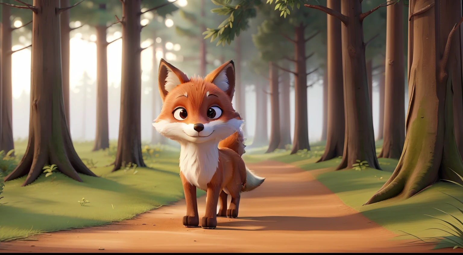"A young fox walking away from the forest smiling" ((Best quality)), ((masterpiece)), (detail: 1.4), 3D