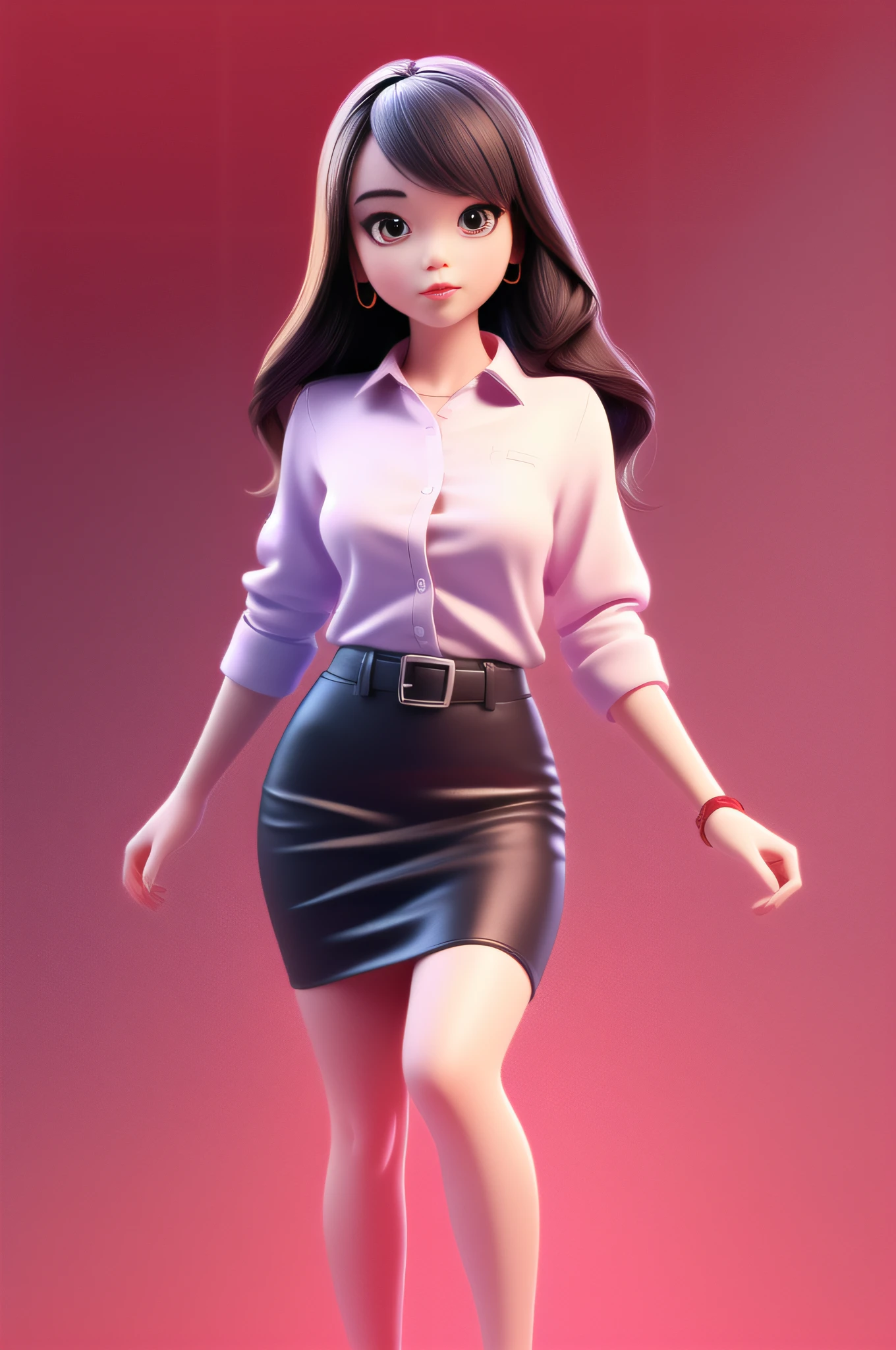 3dcharacter,office girl,white shirt, black pencil skirt,(full body:1.2),simple background, masterpiece,best quality,(red gradient background:1.1)