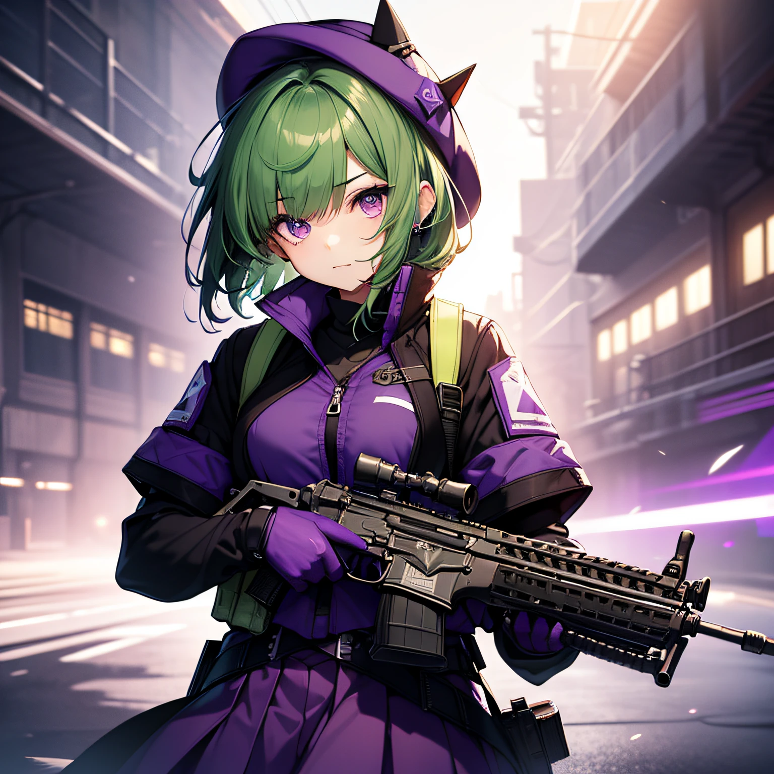 top-quality、extremely delicate and beautiful、(A girl)、Purple Eye、Green hair、short-haired、(Purple pointy hat)、Purple tie、Soio、shortsleeves、Purple skirt、Navel,Tactical Vest、shortsleeves、Purple skirt、((Holding an assault rifle in both hands))、Midnight background