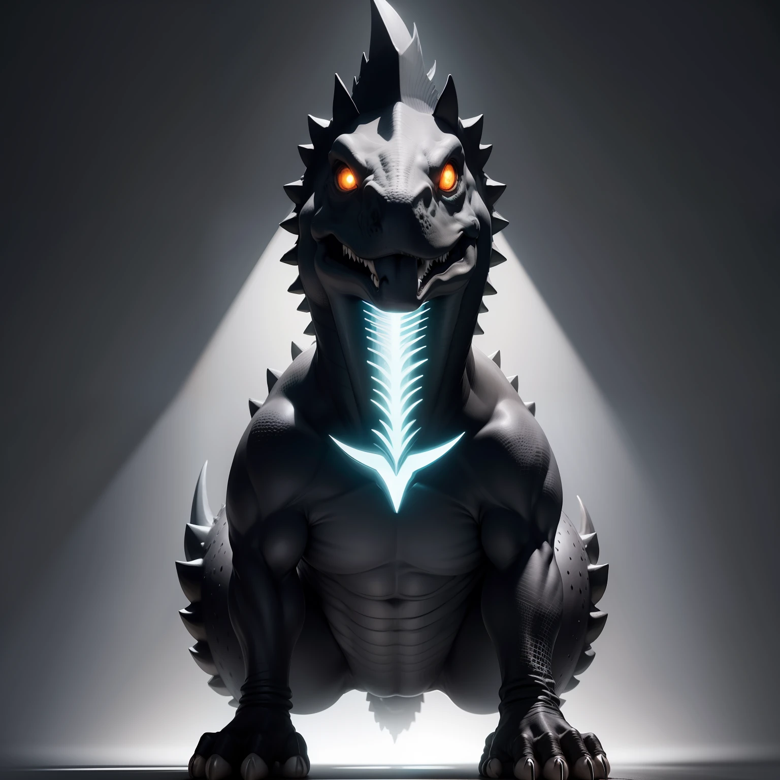 Dinossauro, cor preto e branco, anime, Minimalism, glowing light, Eye-Level Shot, ccurate, masterpiece, anatomically correct, textured skin, 4K