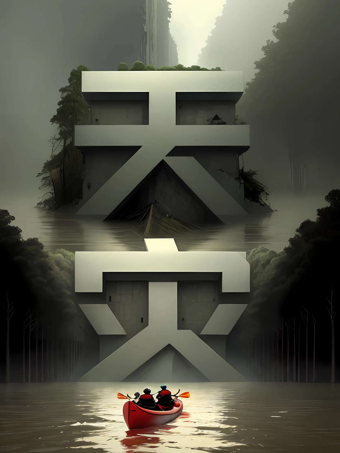 Best quality, Masterpiece,natural disaster, flood, flood, Wide channel, flood, Collapsed building area, Big tree in the water, Rescuers in kayaks,Rescue man on kayak,
