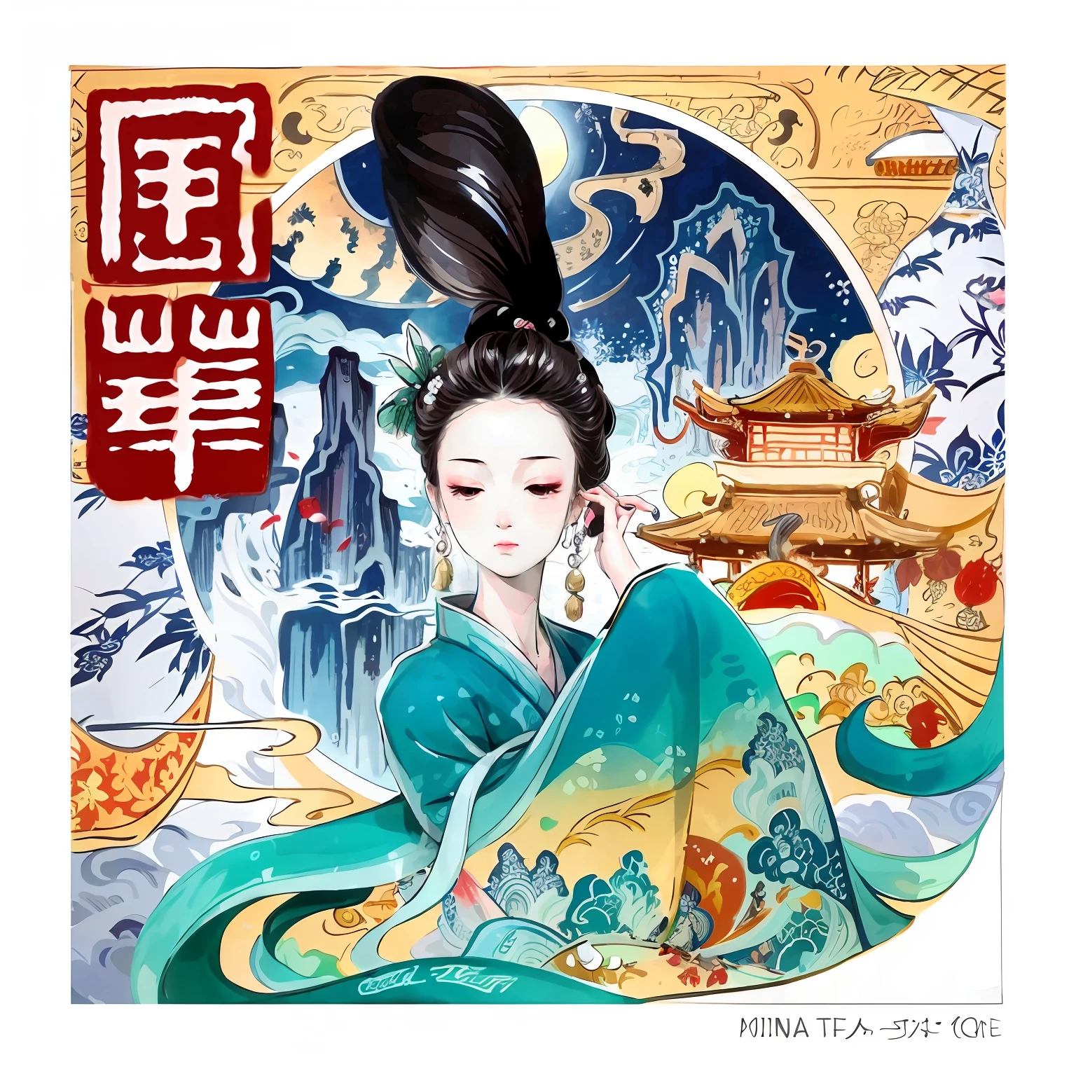 painting of a woman in a kimono dress with a fan, ancient china art style, Chinese style painting, queen of the sea mu yanling, chinese brush pen illustration, Inspired by Qiu Ying, Princesa chinesa antiga, Traditional Chinese art, Palace , A girl in Hanfu, ancient chinese beauti, inspired by Zhang Zeduan, guanyin of the southern seas