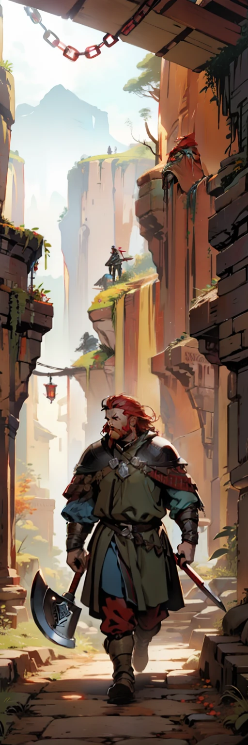fantasy medieval illustration, male dwarf, red hair, red beard, wearing chain mail, elm, holding an long ax, walking between canyons