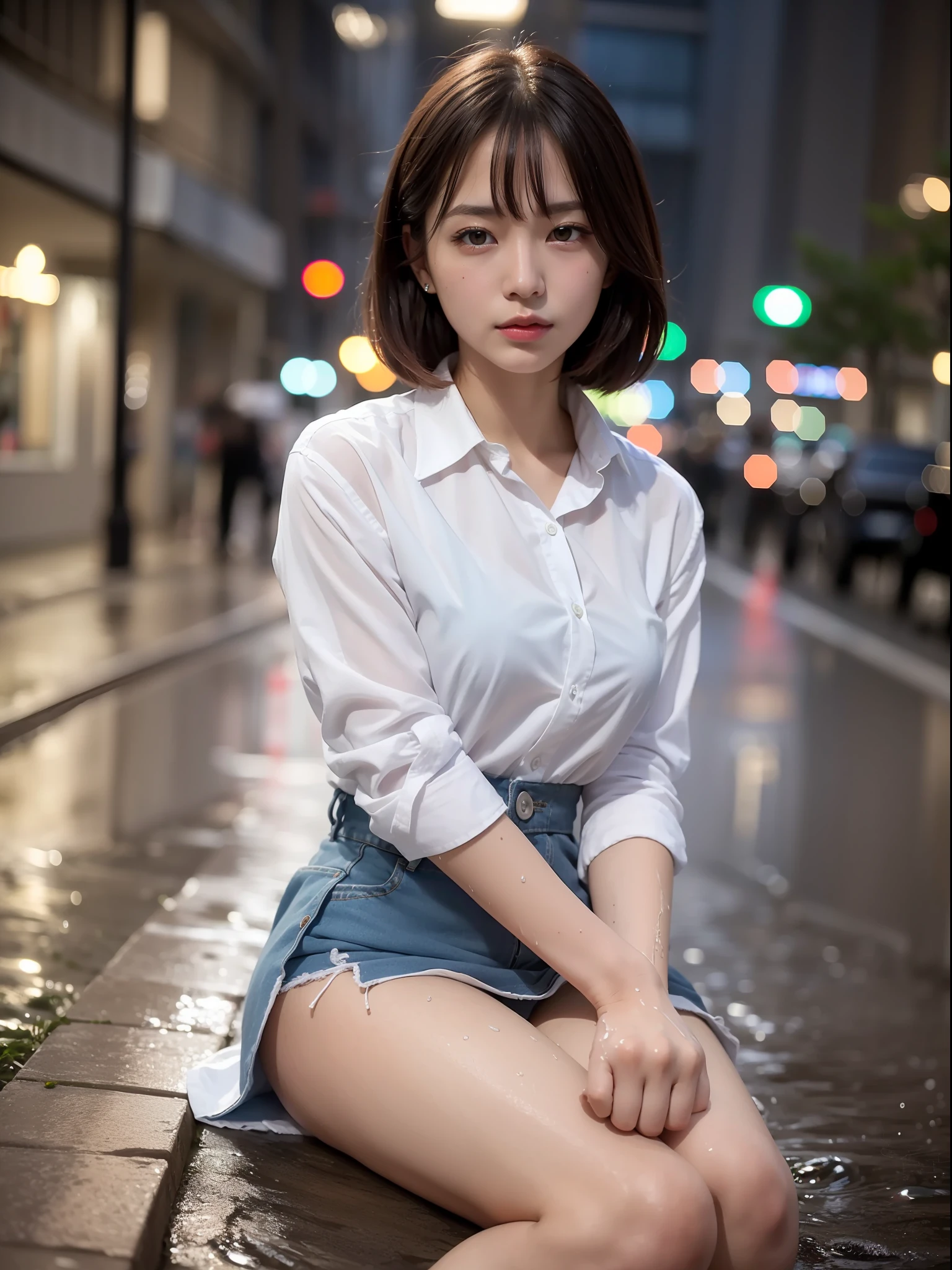((top quality, 8k, masterpiece: 1.3, raw photo)), Sharp Focus: 1.2, (1 aespa girl: 1.2), (Realistic, Photorealistic: 1.37), (face focus: 1.1), cute face, small breasts, flat chest, short messy hair, (wet long button white shirt, she is rolling up her skirt, showing white panties: 1.2), rain, Beautiful Woman Sitting Under Street Lamp Light, cinematic lighting