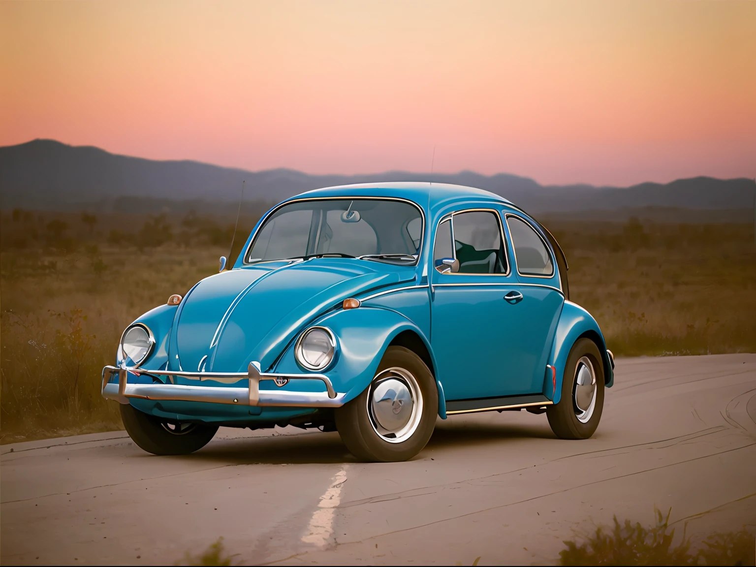 analog gloomy photo of a (blue) Volkswagen Beetle car, ((three quarter view)), (dark sunset), driving on a dirt road, (dilapidated town), 1969, ((horror movie)), slasher film, texas chainsaw massacre, amish cult, film grain, retro, High Detail, Sharp focus, ((photorealism)), realistic, best quality, 8k, award winning, dramatic lighting, epic, cinematic, masterpiece