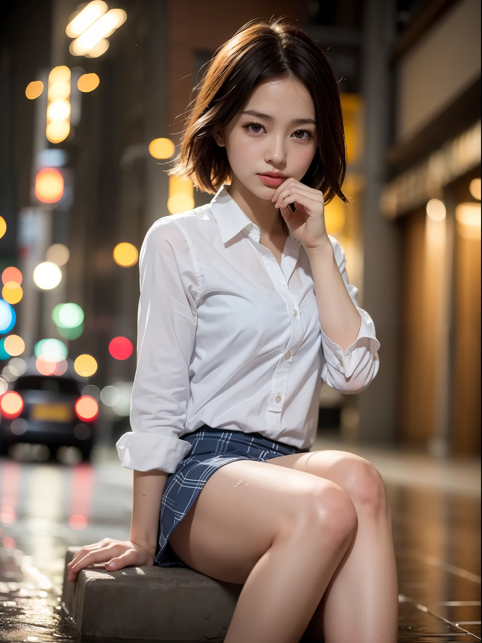 ((top quality, 8k, masterpiece: 1.3, raw photo)), Sharp Focus: 1.2, (1 aespa girl: 1.2), (Realistic, Photorealistic: 1.37), (face focus: 1.1), cute face, small breasts, flat chest, short messy hair, (wet long button white shirt, she is rolling up her skirt, showing white panties: 1.2), rain, Beautiful Woman Sitting Under Street Lamp Light, cinematic lighting