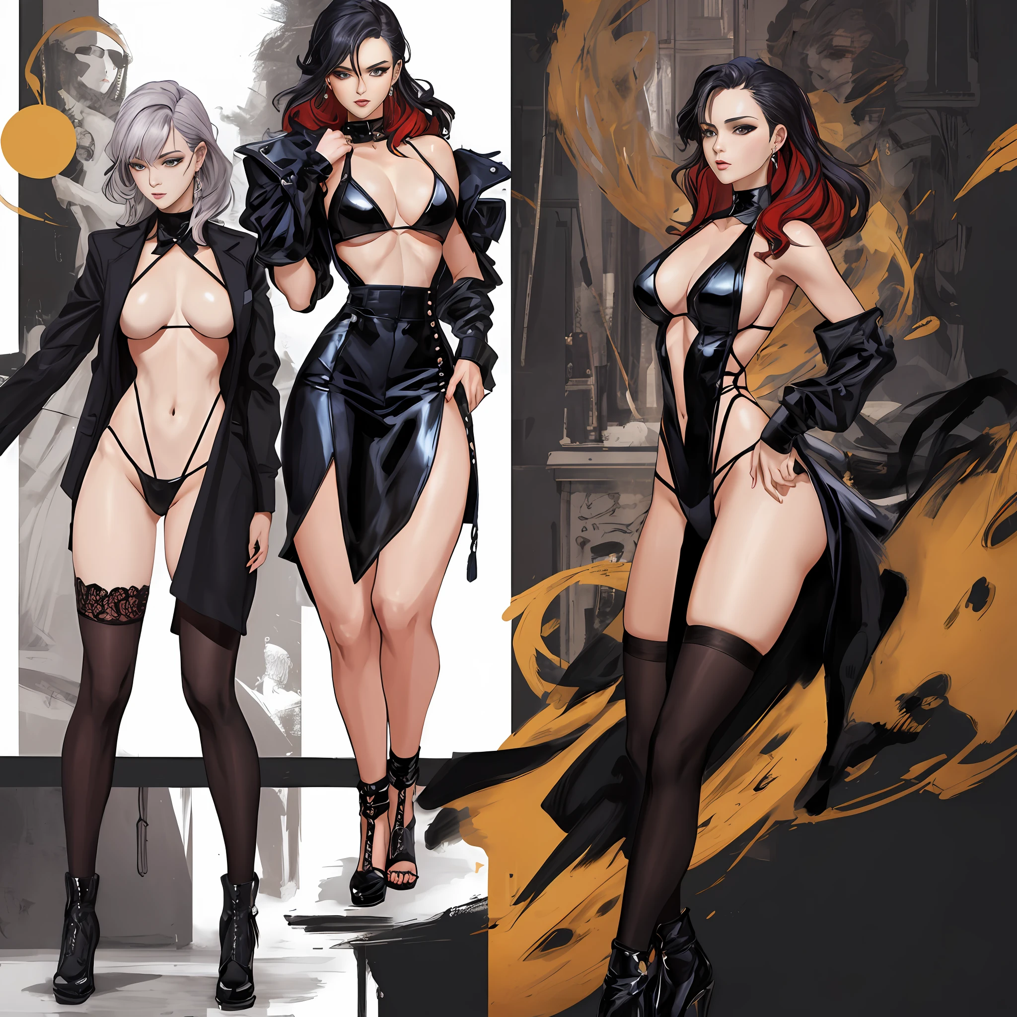 Illustration art,Whole body movement,Sexy woman in sexy clothes,murderess,Mafia,Very cool facial expression,the sideview,with his back to the viewer,Gorgeous background,Great erotic art,painting art,Sexy art,Detailed body part details,long leges,Inspired by J.c.Ryan Decker,Epic European and American illustrations,Tall,The whole body is evenly sexy