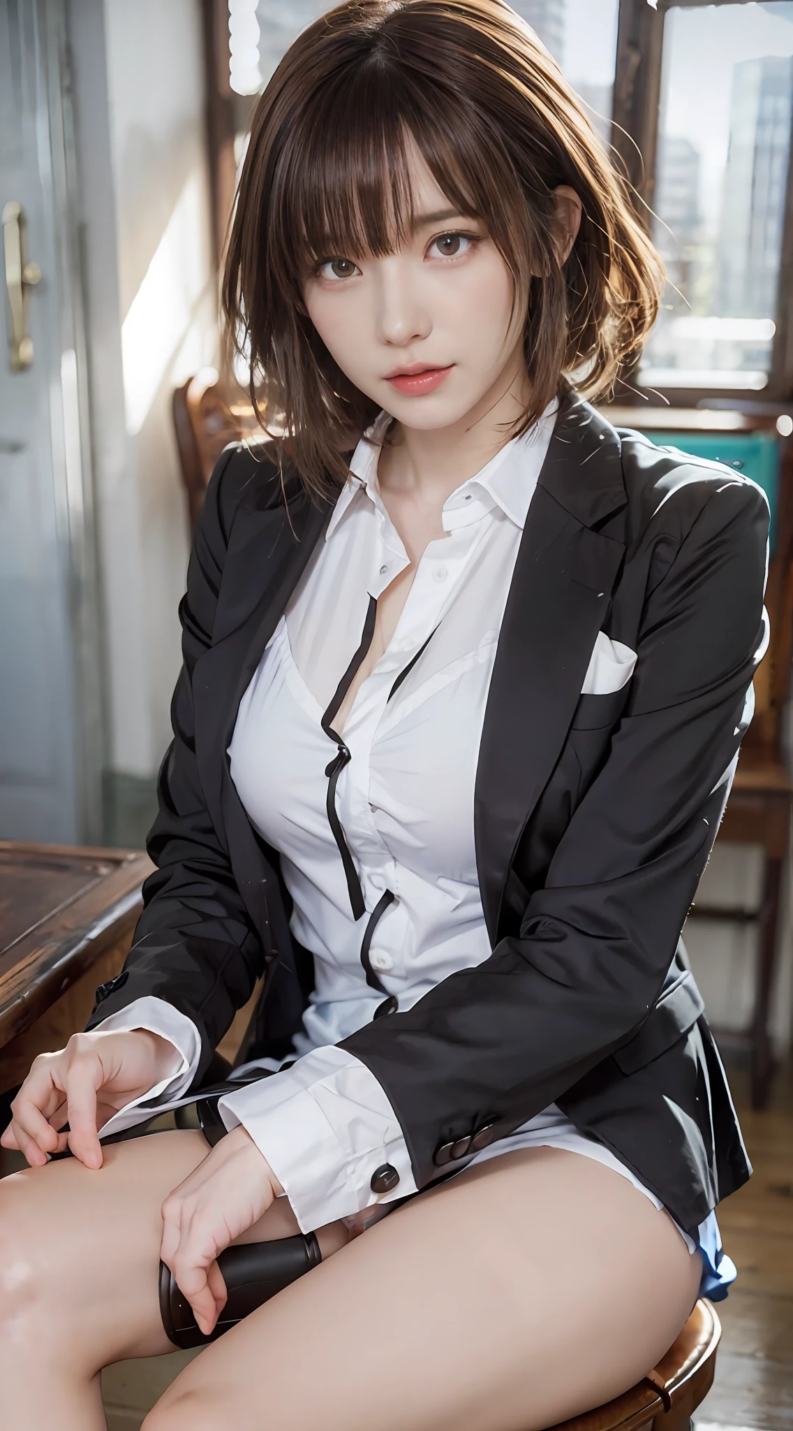 Top quality, Photorealistic, 8k, High resolution, 1 girl, female, (medium breasts: 1.8), schoolgirl, blazer, uniform, pubic hair visible, no panties, skirt boldly pulled up, ((sitting on chair and legs wide open)), knees bent and legs open, slightly short hairstyle, hands grabbing knees and legs open, shirt with buttons fluttering, bronze hair,