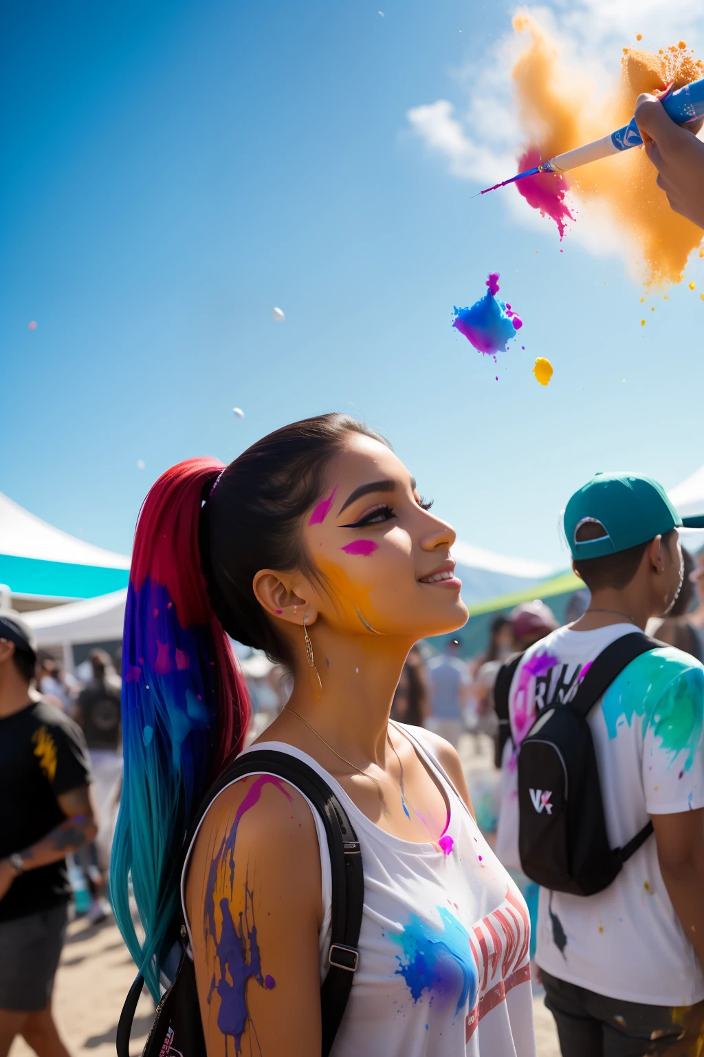 mulher Latina-americana, pele morena, roupas estilo streetwear curtas, Feliz, em um festival de cores, gotas de tinta, com vapores de tinta, with several people enjoying and participating in the festival throwing paint powder towards the sky, realista, intrincado, alto contraste, 8k, RTX, polido, no imperfections,
