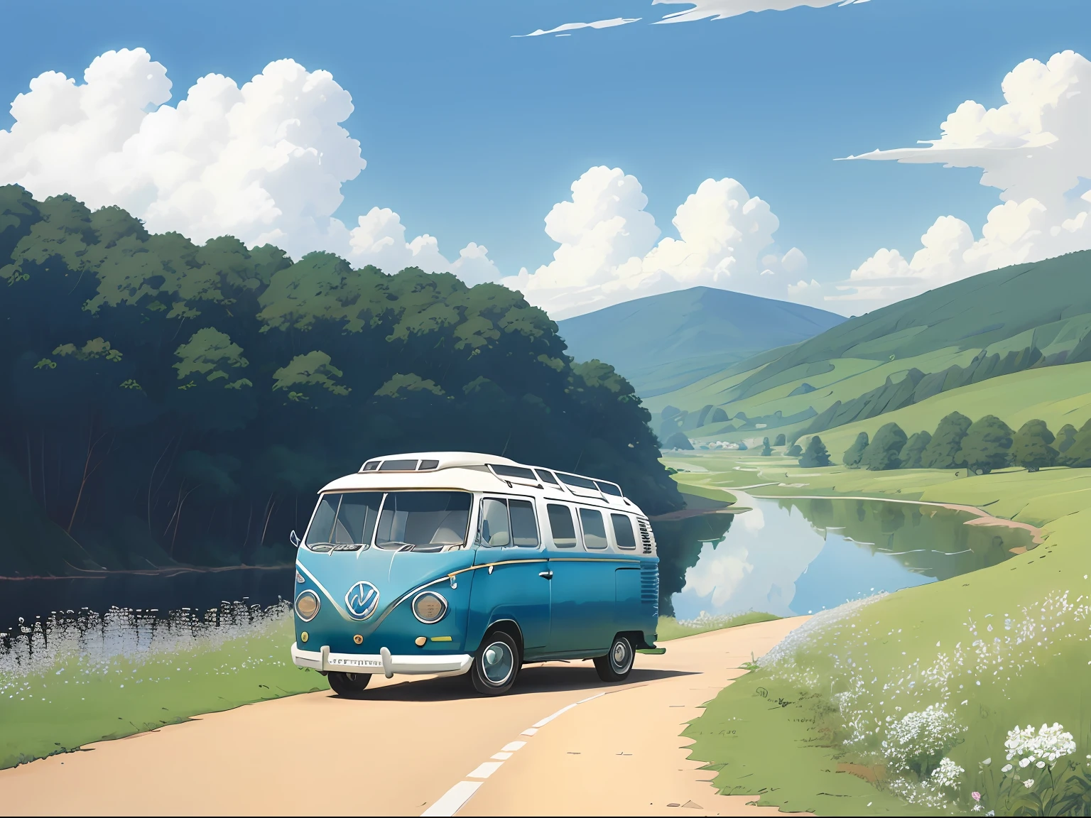(((best quality)))), Realistic, authentic, beautiful and amazing landscape with a Volkswagen Kombi on the road oil painting Studio Ghibli Hayao Miyazaki pasture petals with blue sky and white clouds --v6