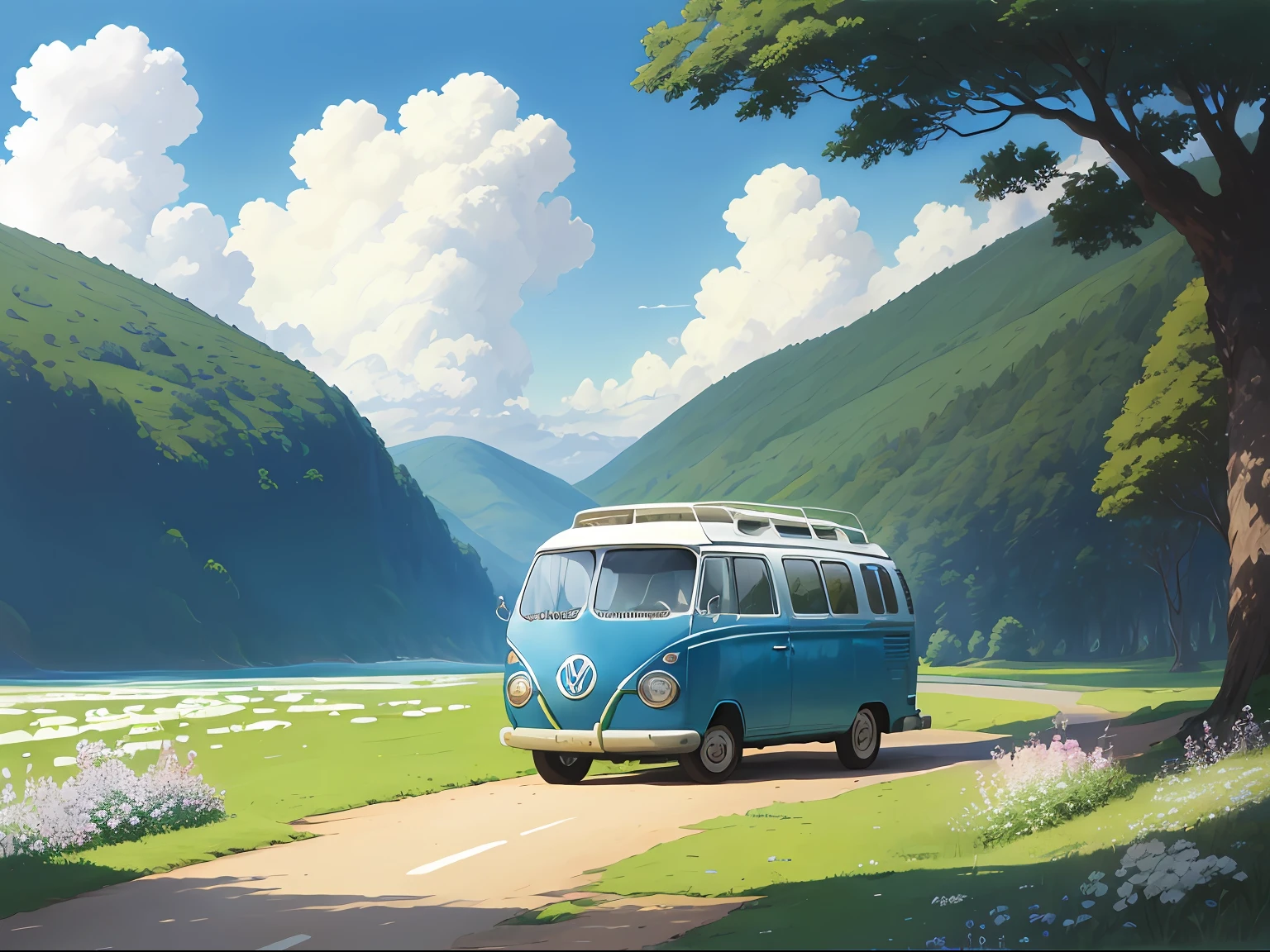 (((best quality)))), Realistic, authentic, beautiful and amazing landscape with a Volkswagen Kombi on the road oil painting Studio Ghibli Hayao Miyazaki pasture petals with blue sky and white clouds --v6