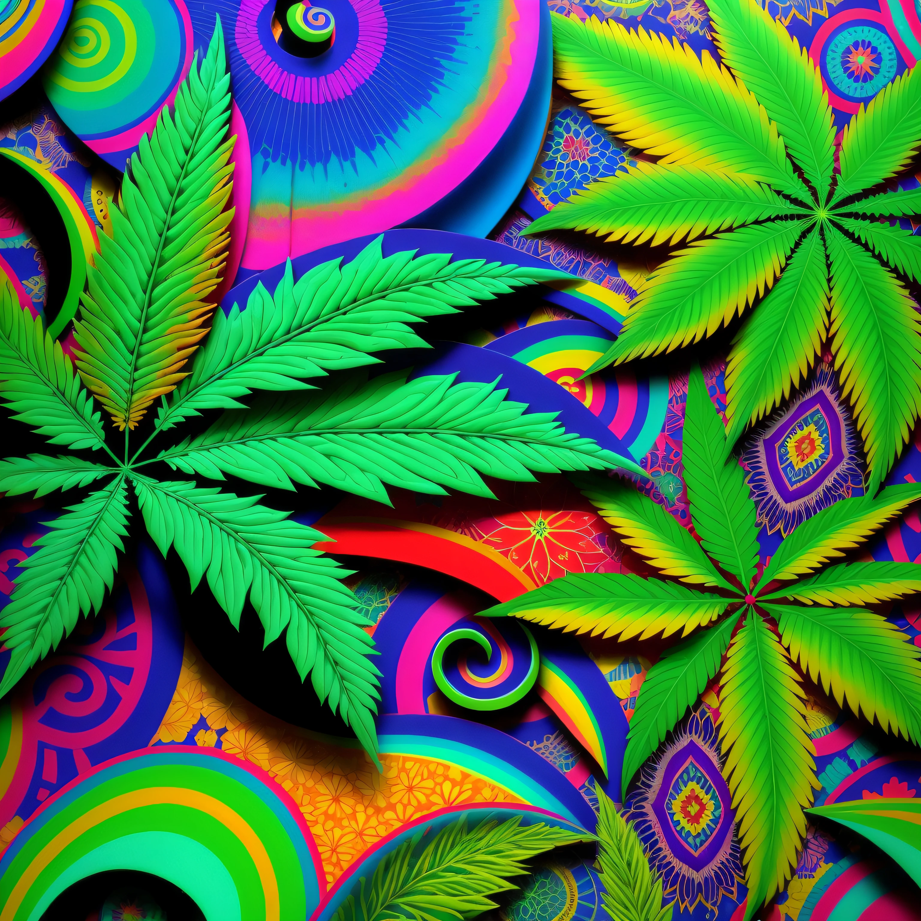 fundo psicodelico preenchendo toda a imagem, cor predominante verde, detalhes de maconha, graffiti, tintas vibrantes, cores vibrantes, arte, psicodelic, textura, spray, arte de rua, pattern, efeito, illustration, detalhes detalhados, textura rica, Unique style
