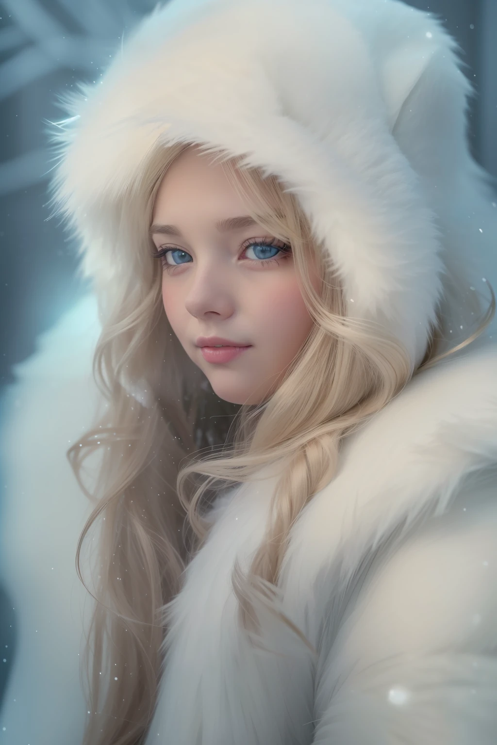 (raw photo: 1.2), (photorealistic: 1.4), (best quality: 1.4), (ultra highres: 1.2), (highly detailed: 1.3), (HDR: 1.2), (cinematic lighting: 1.3), (detailed eyes), (detailed facial features), (detailed fur), (snowy background: 1.2), blonde hair 8--old ody portrait 3/4: 1.2),, (soft fur: 1.2), (adorable:1.2), (looking at the viewer), (innocent expression), (soft lighting), (dreamlike), (fantasy:1.3), (ethereal:1.3),  (magical:1.2), (snowflakes: 1.2), (winter wonderland:1.3), (capricious:1.2), (funny:1.2).