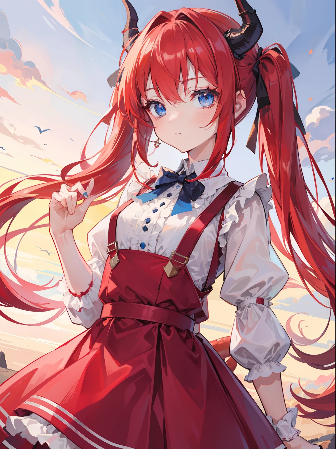 {{best quality}}, {{masterpiece}}, {{ultra-detailed}}, {illustration}, {detailed light}, red hair,blue eyes,twintails,lolita,Suspenders skirt,Fantastic,loli,solo,Dragon horns,little girl,long hair