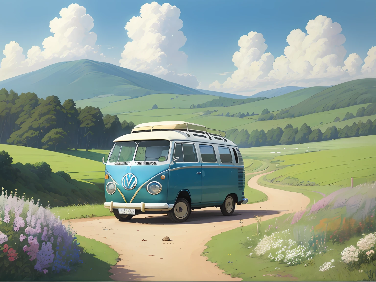 (((best quality)))), Realistic, authentic, beautiful and amazing landscape with a Volkswagen Kombi on the road oil painting Studio Ghibli Hayao Miyazaki pasture petals with blue sky and white clouds --v6