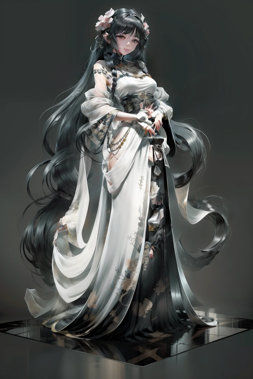 character  design，A woman，Long black hair，Hairpins hold the hair in place behind the head，Bright eyes，The face shape is soft，A combination of Hanfu and modern clothing，Silk material，There is tulle，Light-colored clothes，She wears beads and bracelets，Gentle temperament，Stand up，Full body to foot diagram