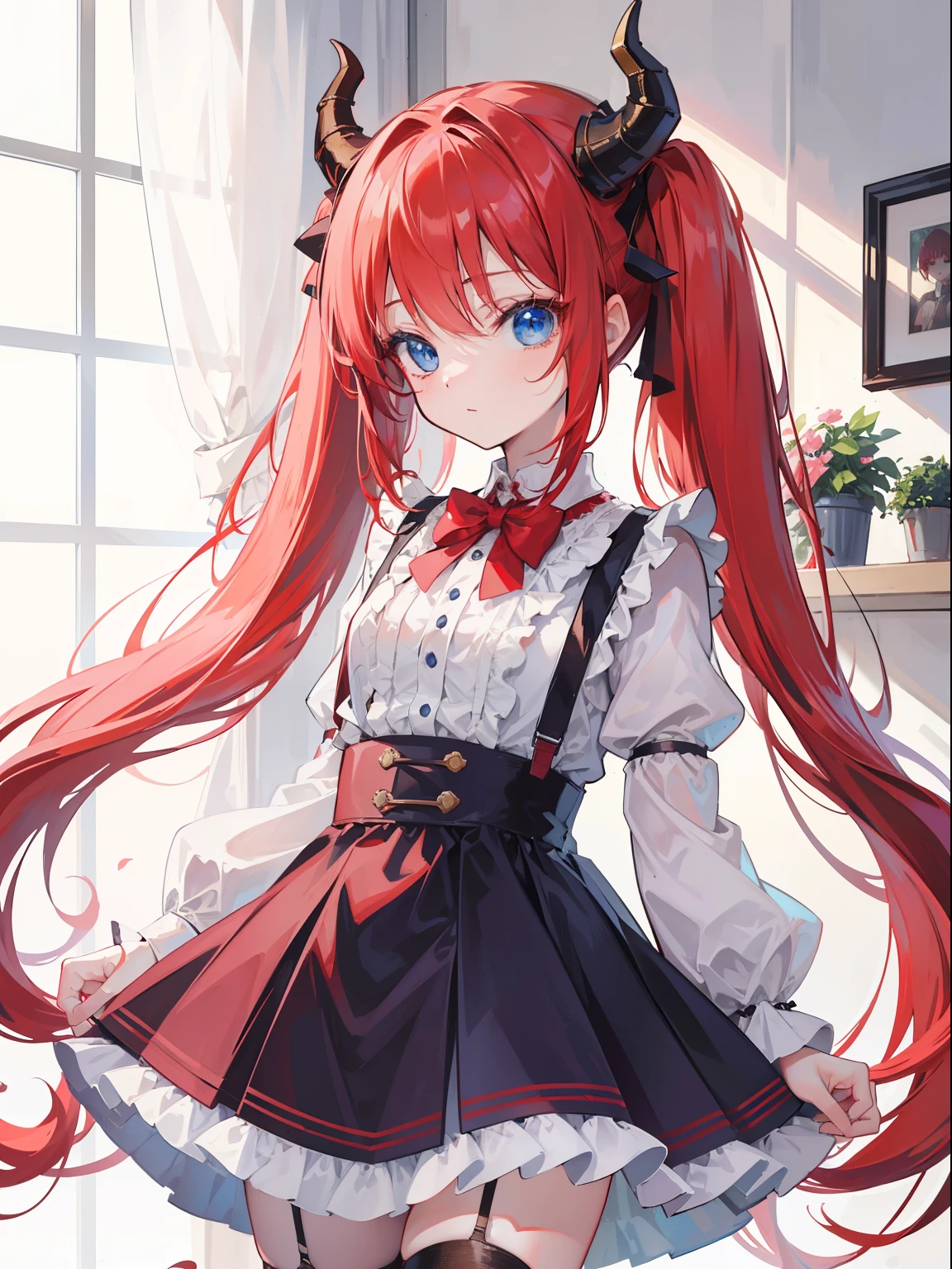 {{best quality}}, {{masterpiece}}, {{ultra-detailed}}, {illustration}, {detailed light}, red hair,blue eyes,twintails,lolita,Suspenders skirt,Fantastic,loli,solo,Dragon horns,little girl,long hair
