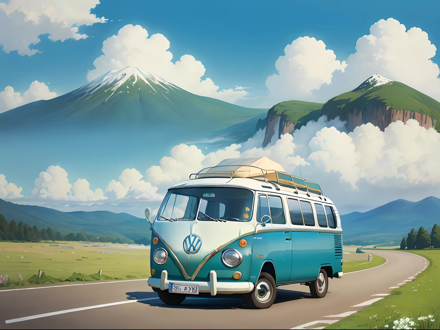 (((best quality)))), Realistic, authentic, beautiful and amazing landscape with a close-up of Volkswagen Kombi on the road oil painting Studio Ghibli Hayao Miyazaki pasture petals with blue sky and white clouds --v6