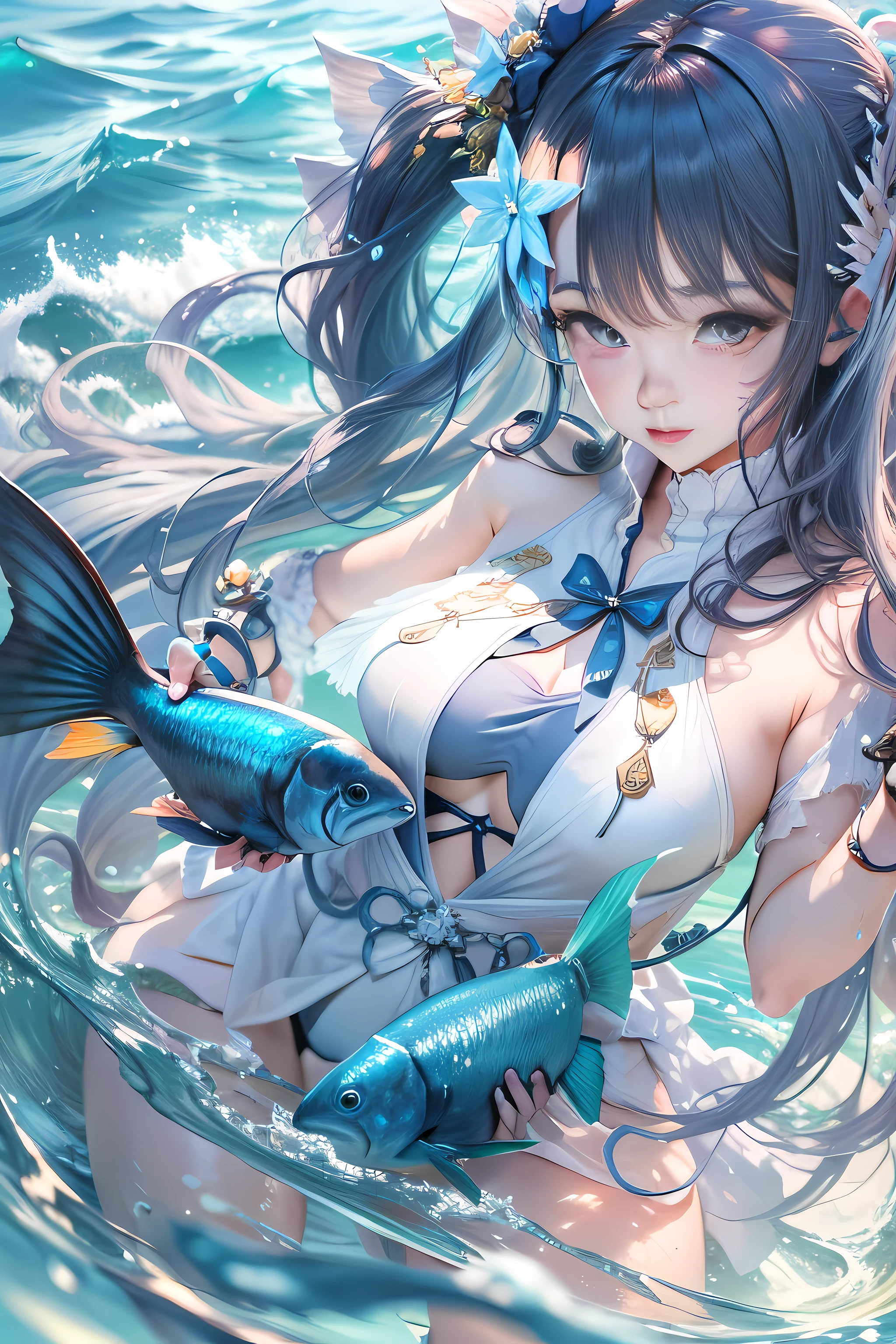 Anime girl in bikini with fish and fish tail, In the sea, In the ocean, wallpaper anime blue water, Splash art anime , Rem Rezero, Anime girl walking on water, trending on artstation pixiv, Have by the sea, Pisif, In the water, Swim in the ocean, goddess of the sea, rimuru tempest, Ayaka Kamisato, Raised sexy, Cute 1 girl, (独奏:1.3), (flatchest:1.2), double-ponytail, stocklings, delicated face, exquisite facial features, (from below:0.5), Fashionab, with dynamism, garments, posing on a, frontage, rich colourful, dyna, Background with, element in, self-assured, Expressing the, statement, fittings, A majestic, coil, Runt, Scenes, Cover of a, boldness, attention-grabbing, Fashionab, typeface, Catchy, attention-grabbing, modern day, Fashionab, focal, Fashionab, Surrealism, anime style, Romanticism, high detail, god rays, sparkle, UHD, masterpiece, super detail, high details, high quality, award winning, best quality, award winning, high details, high quality, super detail, UHD, 16k