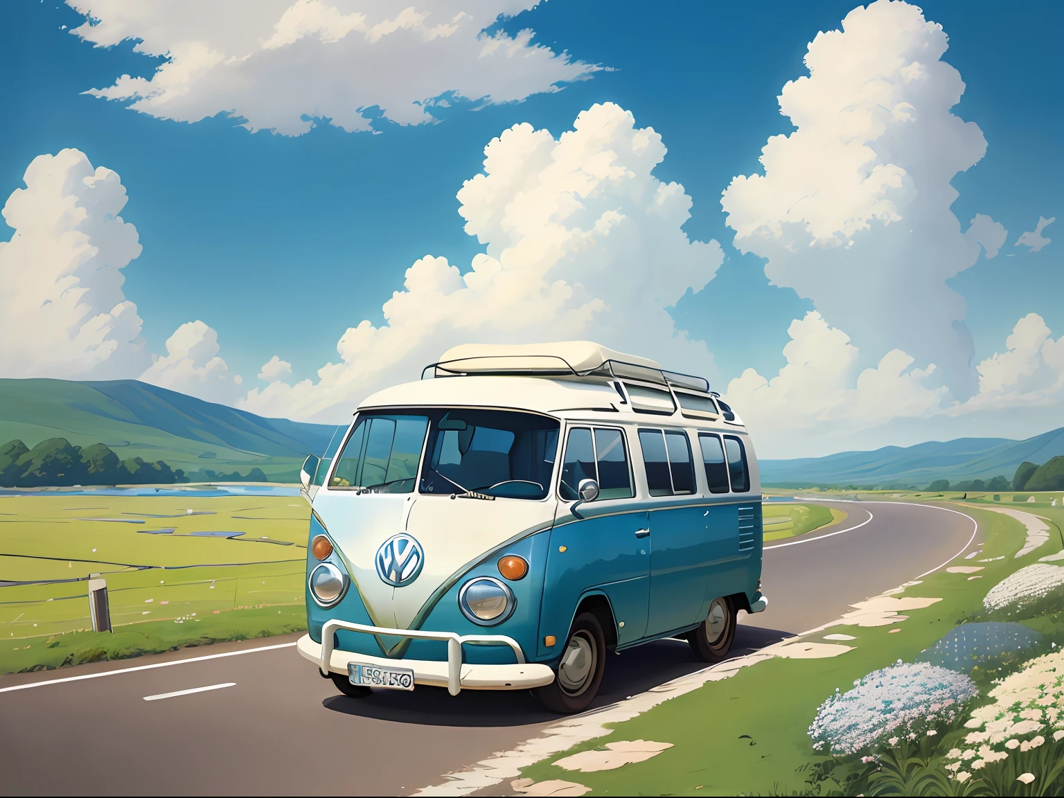 (((best quality)))), Realistic, authentic, beautiful and amazing landscape with a close-up of Volkswagen Kombi on the road oil painting Studio Ghibli Hayao Miyazaki pasture petals with blue sky and white clouds --v6