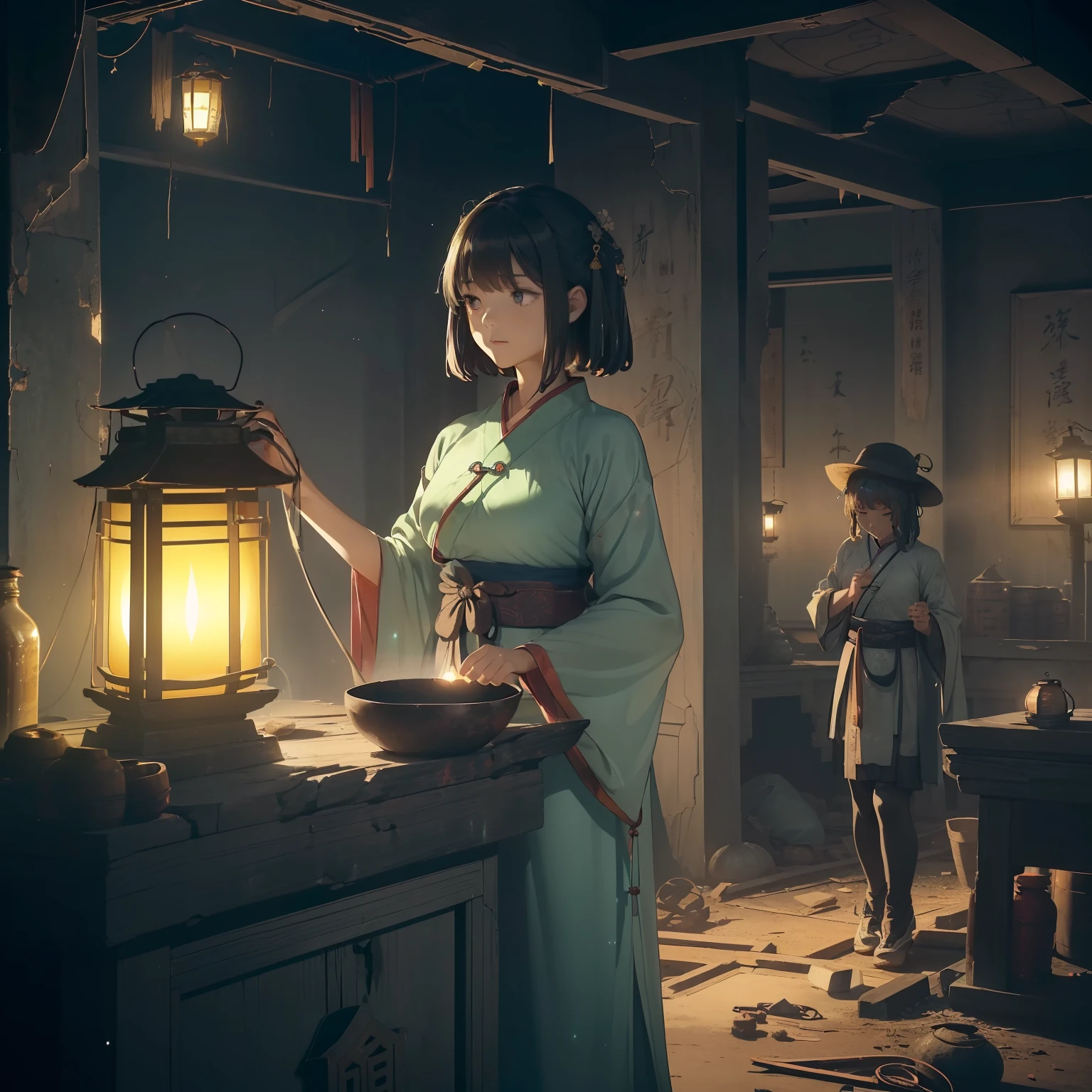 Very cute girl,G Cup Breasts,(Hanfu:1.6),(Hunfu skirt:1.3),(onimous:1.1),(Mysterious Lantern Light:1.4),16 years old,a short bob,Leprechaun,(A crumbling abandoned temple with peeling paint:1.4),(Darkness of the night:1.4),(top-quality:1.4) ,Mystical:1.2),(The contrast between the darkness of the night and the brightness of the lanterns and the glow of the figures:1.4),(Light and shadow equal to the face:1.3),(Prone to downcast eyes:1.4),Look away,(Vague and ephemeral:1.4),(Otherworldly:1.4),