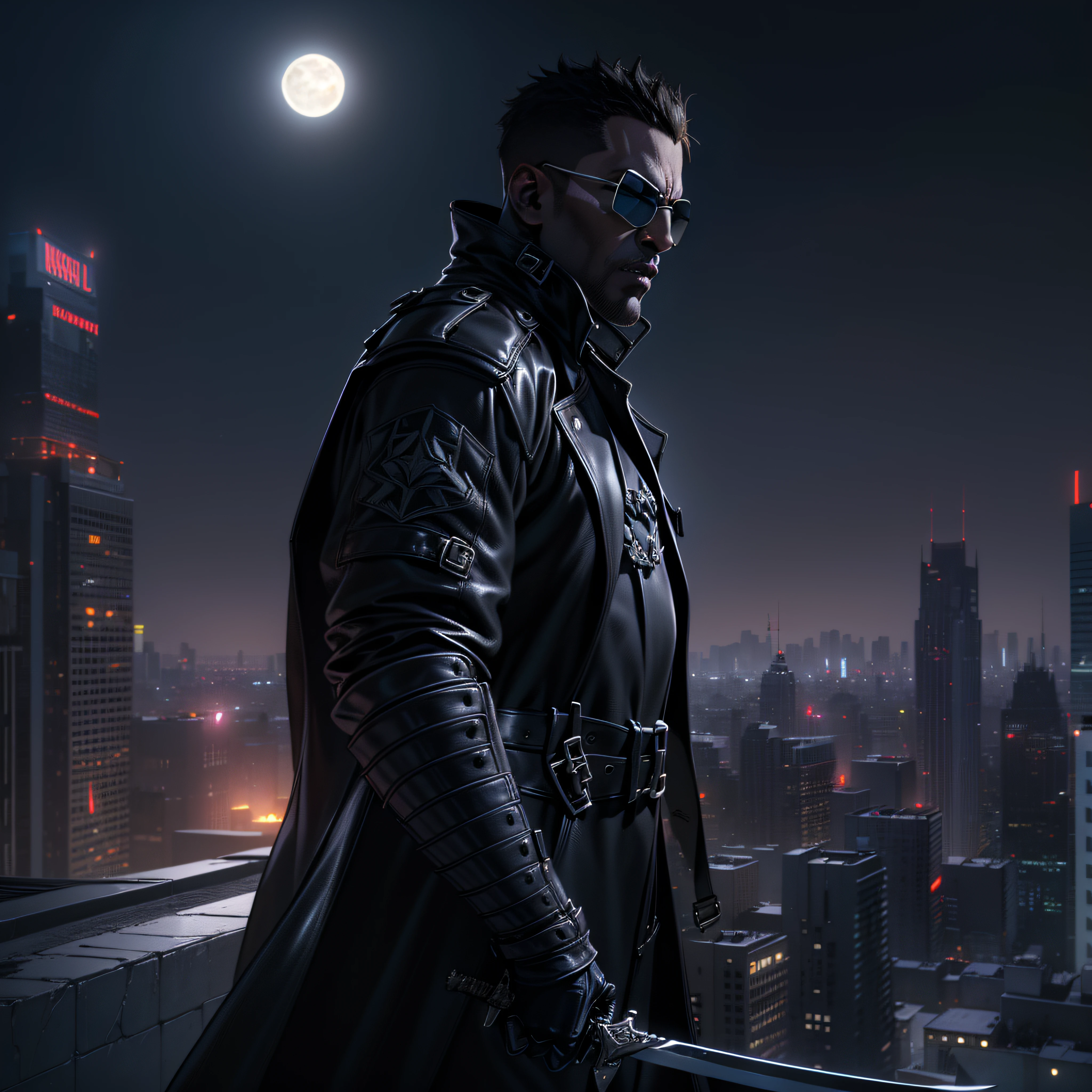 (Masterpiece, Superb Quality, Super Delicate, High Resolution) Vampire Daywalker, photo-realistic, octane render, unreal engine, ultra-realistic, (((Marvel comic's BLADE))) (((wearing shades))) (((wearing all black tactical armor))) (((black leather trench coat))) (((Sword on his back))) (((on a City rooftop))), moon in the background, ultra-realistic, Masterpiece, octane render, unreal engine
