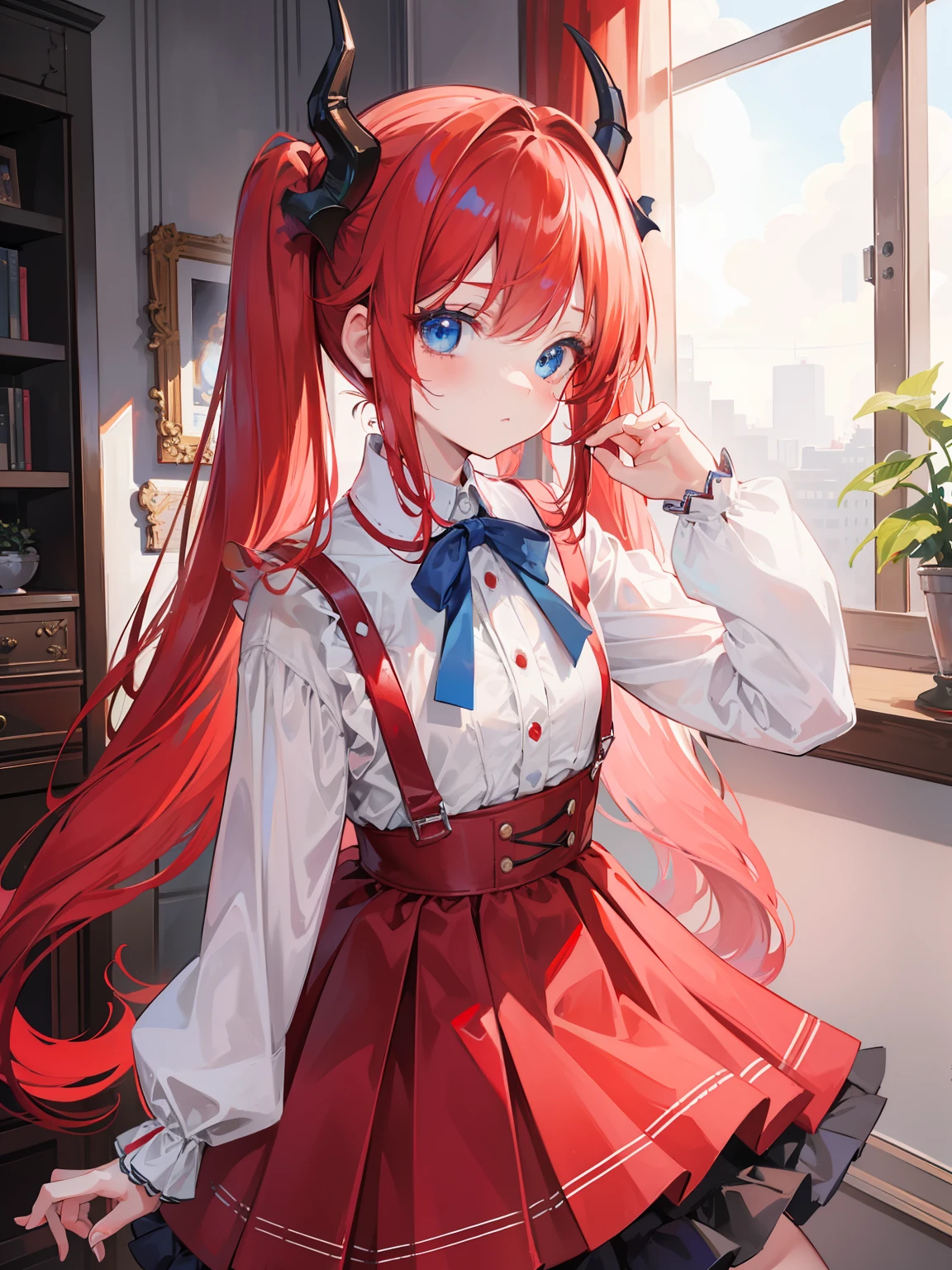 {{best quality}}, {{masterpiece}}, {{ultra-detailed}}, {illustration}, {detailed light}, red hair,blue eyes,twintails,****ta,Suspenders skirt,Fantastic,****,solo,Dragon horns,***********,long hair