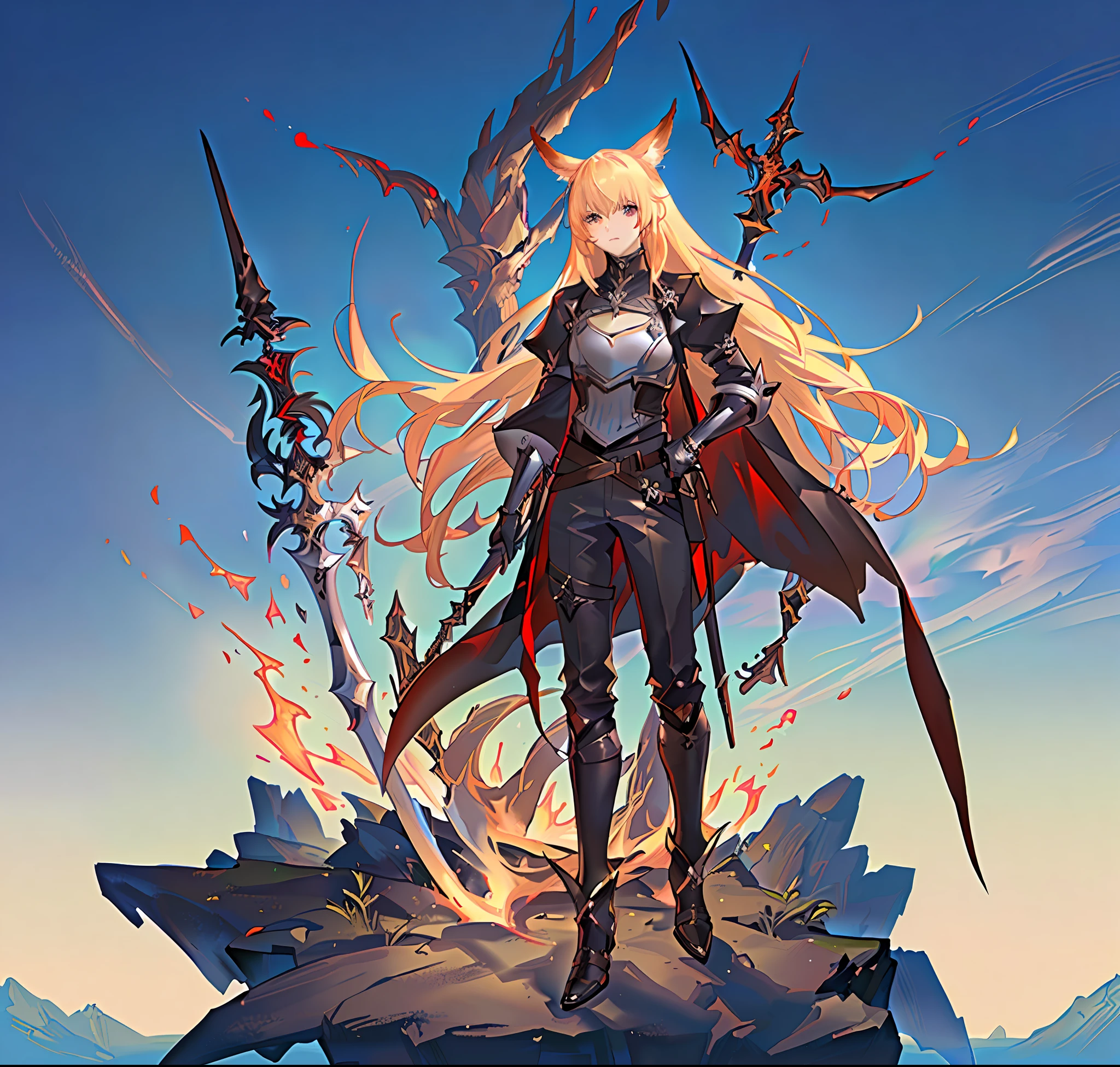 anime characters with swords and armor in a circular arrangement, granblue fantasy, fate grand order, official art, high detailed official artwork, final fantasy xiv: endwalker, by Yang J, ffxiv, detailed key anime art, official character art, final fantasy 14 style, zerochan art, casimir art, shadowverse style, ffxiv heavensward, key anime art,1boy, animal ears, black footwear, black pants, blonde hair, boots, elite ii \(arknights\), erune, fire, full body, gloves, holding, holding sword, holding weapon, long hair, male focus, pants, solo, sword, transparent background, weapon