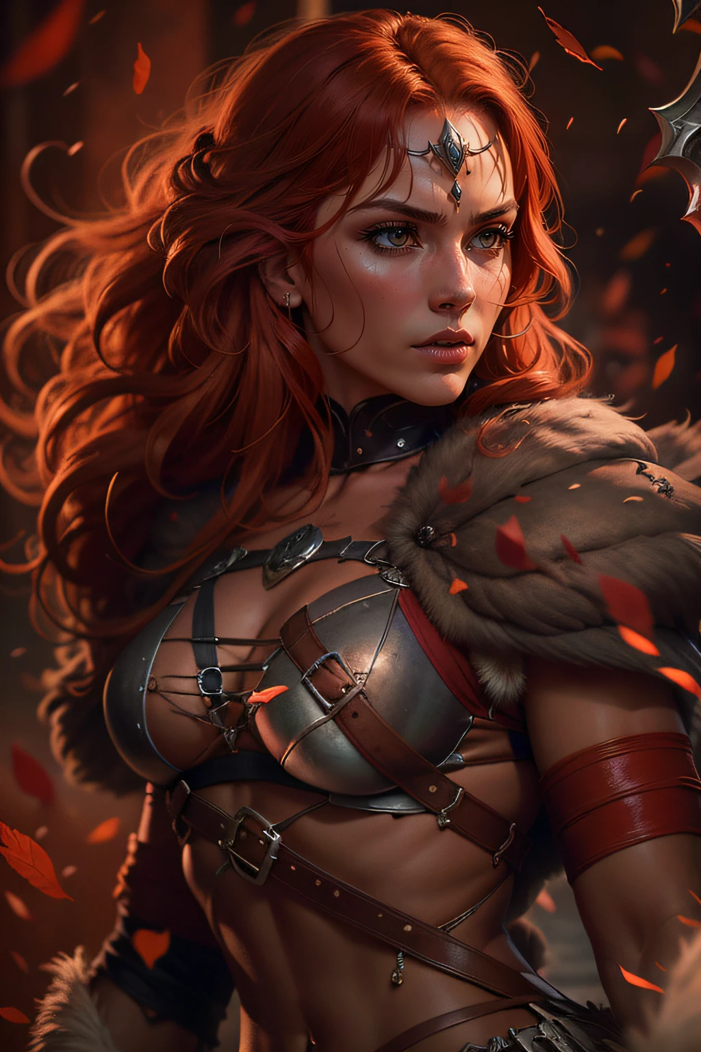 In this cinematic portrait of exceptional quality in stunning 8K resolution, masterfully captured by the Canon EOS R6, witness the legendary Red Sonja. Cinematic volumetric light envelops the scene, enhancing Red Sonja's commanding presence. With her sword on her back, she exudes courage and bravery. Her magnificent body is captured in its fullness, with clothes that reflect her warrior nature. Her face is a true ultra-detailed spectacle. Every feature, from her striking features to her mesmerizing eyes, is captured with stunning accuracy. Her determined gaze reveals the resilience of this legendary warrior. This 8K portrait is a true visual masterpiece, transporting you into the world of Red Sonja. Every detail of the image is captured with the highest quality, providing an immersive and immersive experience. Prepare to marvel at the undying presence of this iconic character and her quest for justice and honor.