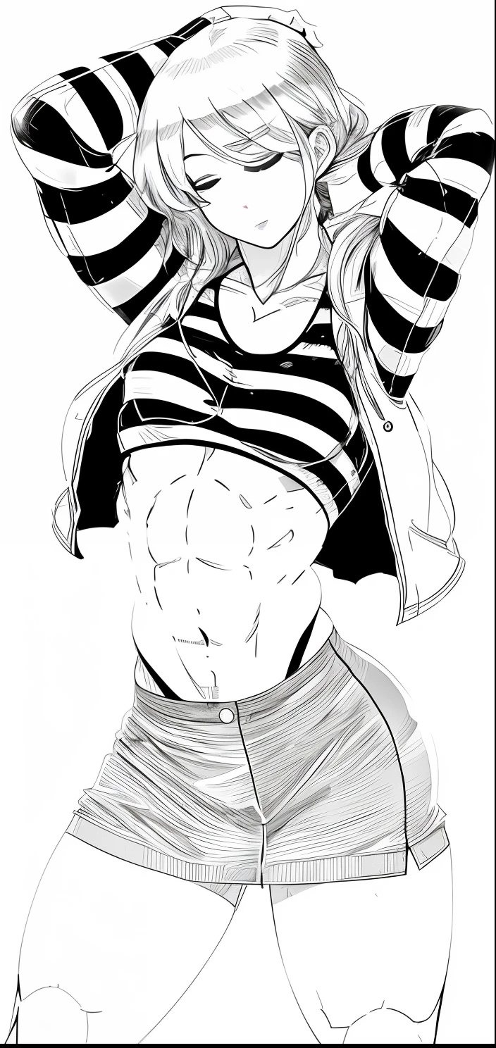 A drawing of a woman in a striped shirt and shorts, Black and white sleeve style, [ ABS firmly defined ]!!!, [ ABS rigidly defined ]!!!, with ABS, Abs, Lowres, Very detailed thick lines, Short shirt and strong abs, Sweaty abs, Ink and screen tone, Thick outlines, Fit girl, thick ink lines, closed eyes, nose, half open mouth, lying down, thighs, knees, muscles, skirt, short skirt,