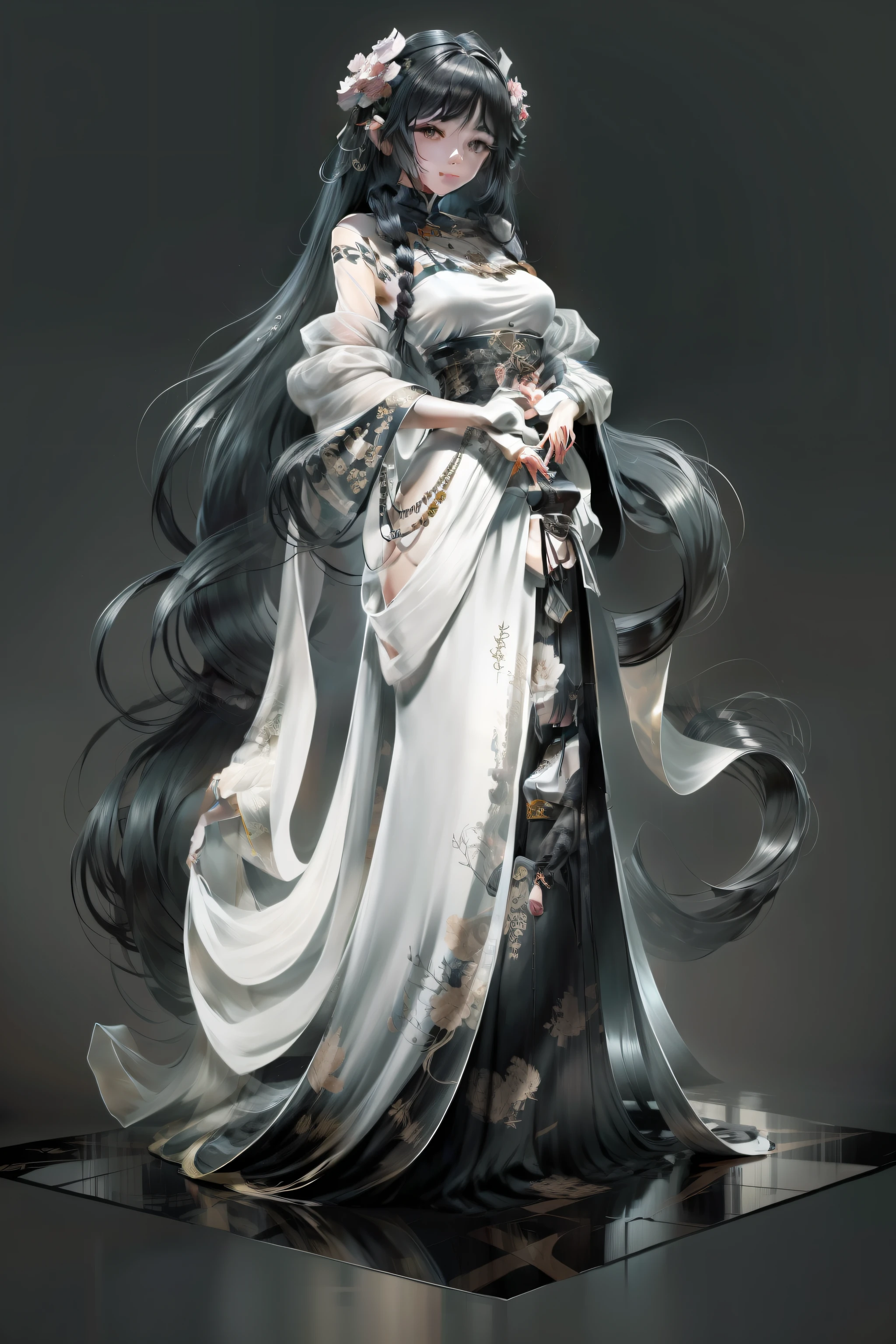 character design,A woman,Long black hair,Hairpins hold the hair in place behind the head,Bright eyes,The face shape is soft,A combination of Hanfu and modern clothing,Silk material,There is tulle,Light-colored clothes,She wears beads and bracelets,Gentle temperament,Stand up,Full body to foot diagram