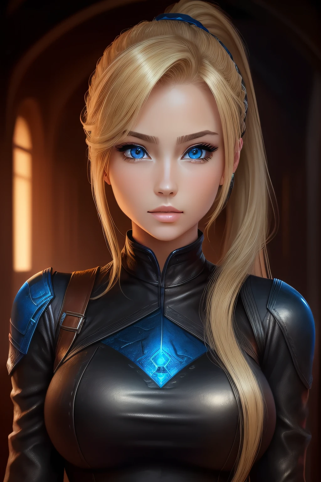 (masterpiece, best quality) 1.5, 1girl, solo, (sexy, beautiful woman, perfect face, perfect eyes), samus aran, black leather dress, (blue eyes, long blonde hair, ponytail)