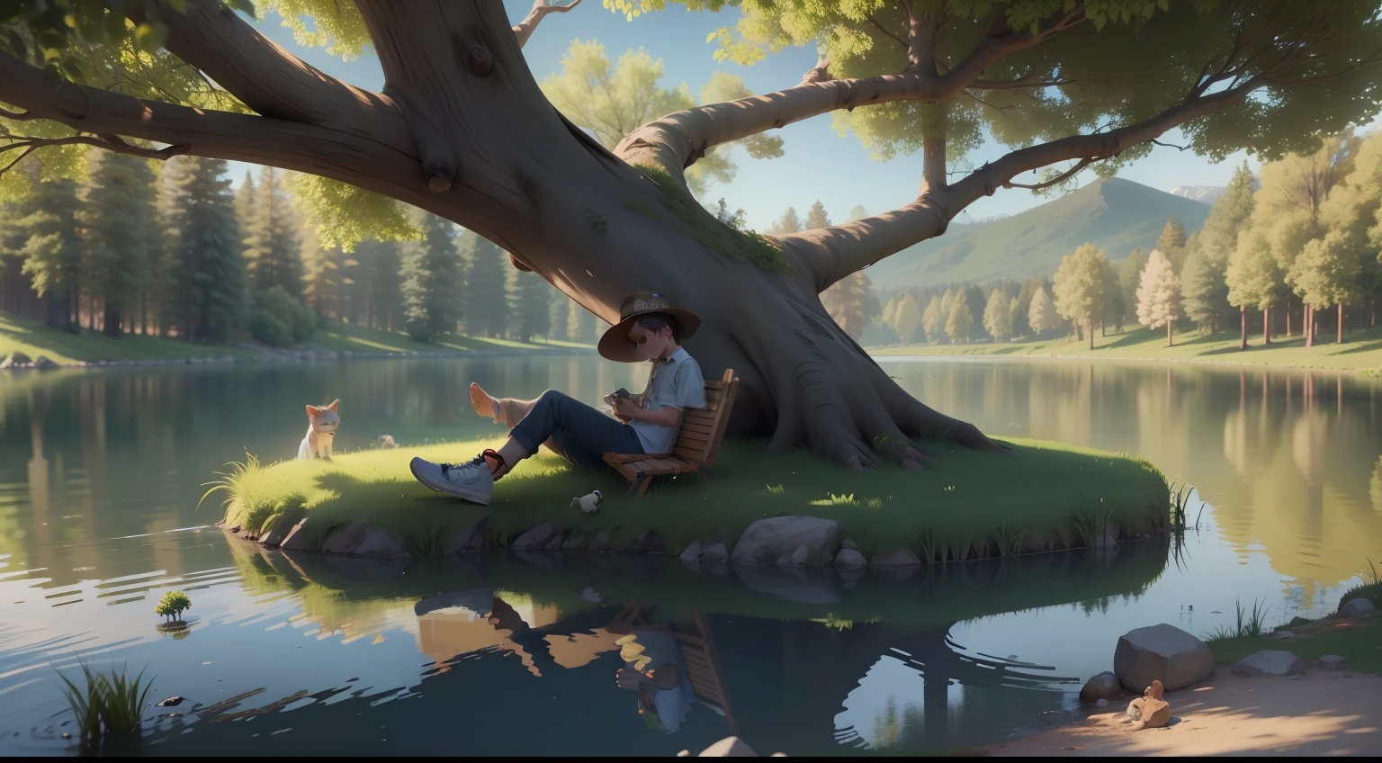create a kid boy siting under the tree playing with animals a lake arround beautiful nature 3d cartoon 8k quality ultra realistic
