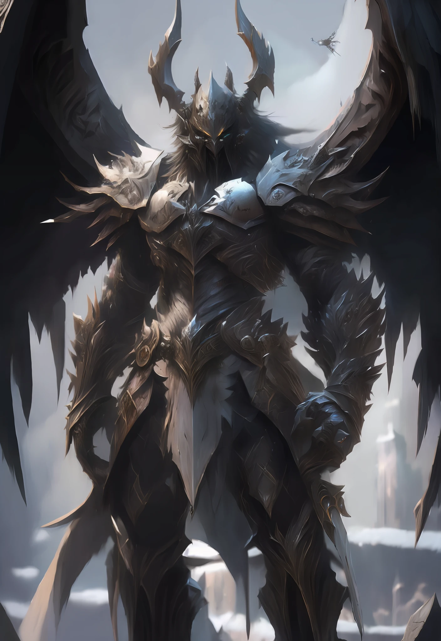 a close up of a demonic creature with wings and a sword, 4k fantasy art, by Yang J, detailed fantasy art, 8k fantasy art, symmetrical epic fantasy art, anthropomorphic raven knight, epic fantasy digital art style, darksiders style, highly detailed fantasy art, amazing 8k character concept art, 2. 5 d cgi anime fantasy artwork