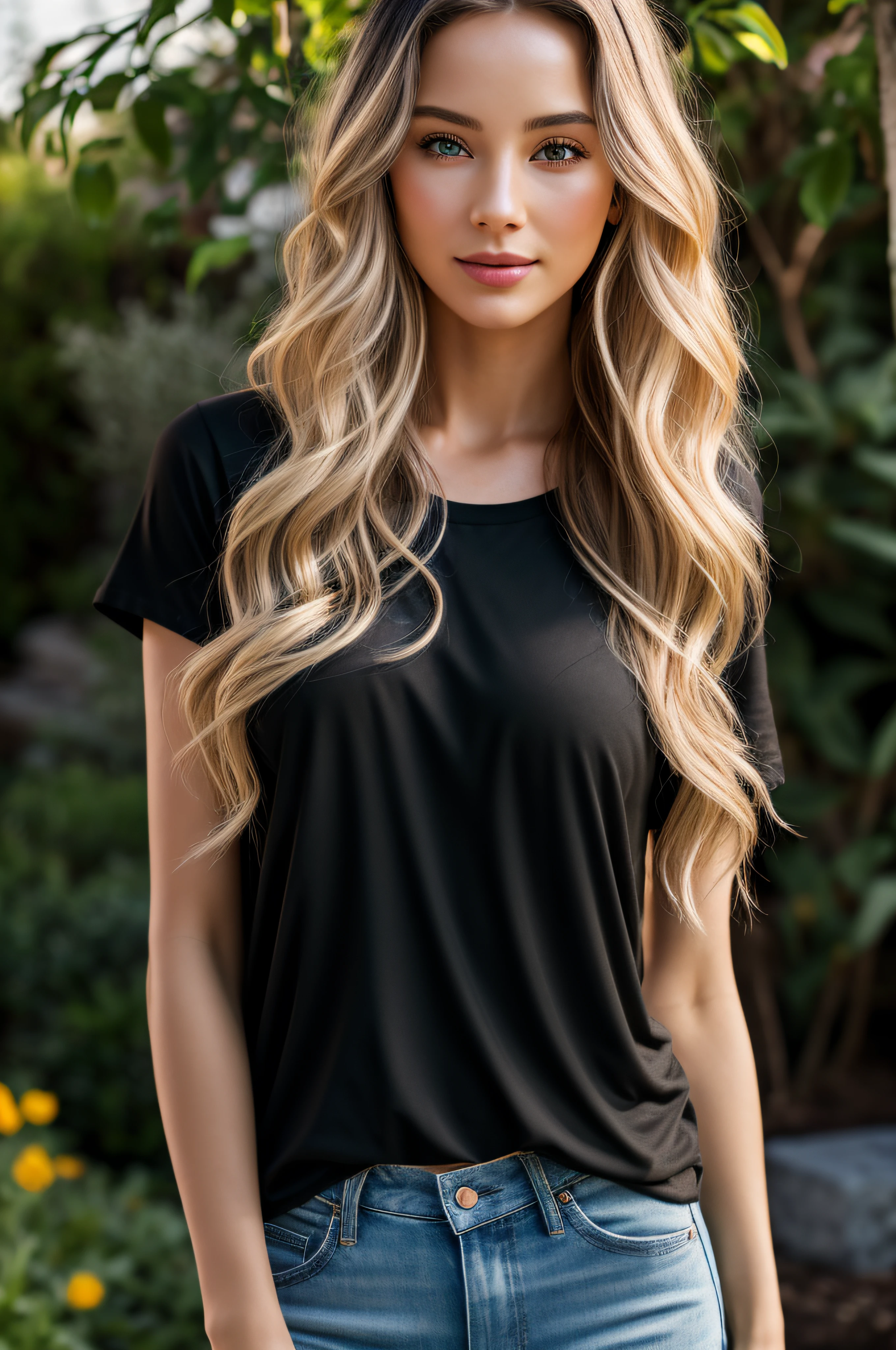gorgeous woman with long wavy blonde hair, detailed alluring eyes, long sexy legs, (plain black t-shirt) covering a wearing tiny jeans shorts, full body, ((detailed facial features)), (finely detailed skin), pale skin, realistic skin texture, extreme skin details, (pores:0.1), in the background beautiful natural garden, best quality masterpiece, photorealistic, hyperrealistic, detailed, 8k, HDR, (Soft color: 1.2), shallow depth of field, broad light, high contrast, backlighting, bloom, light sparkles, chromatic aberration, sharp focus, RAW color photo