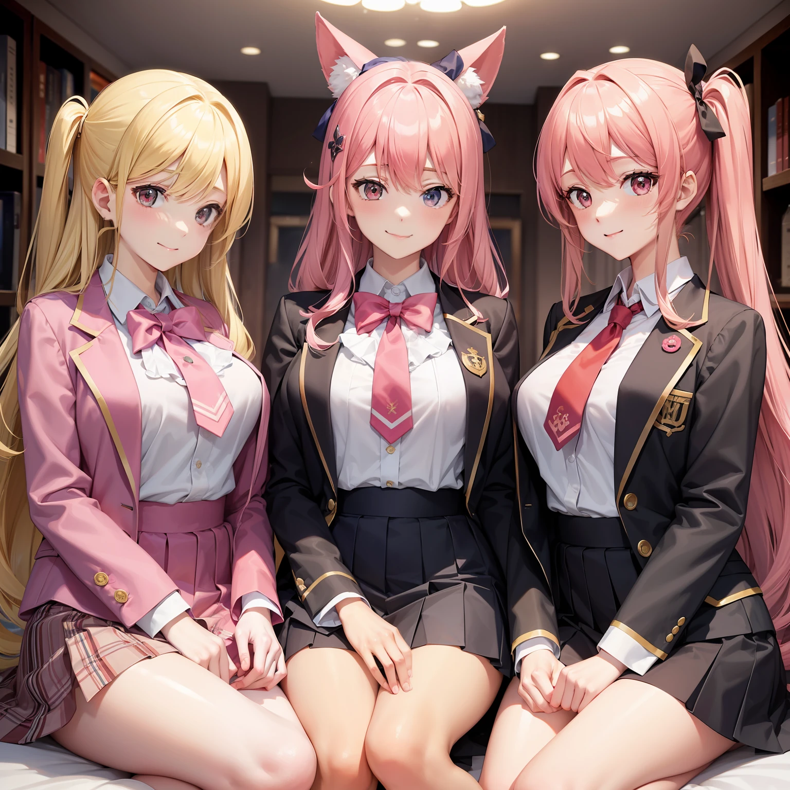 harems　Multiple girls are depicted　a smile　a blond　Pink hair　校服　blazers　top-quality　​masterpiece　超A high resolution