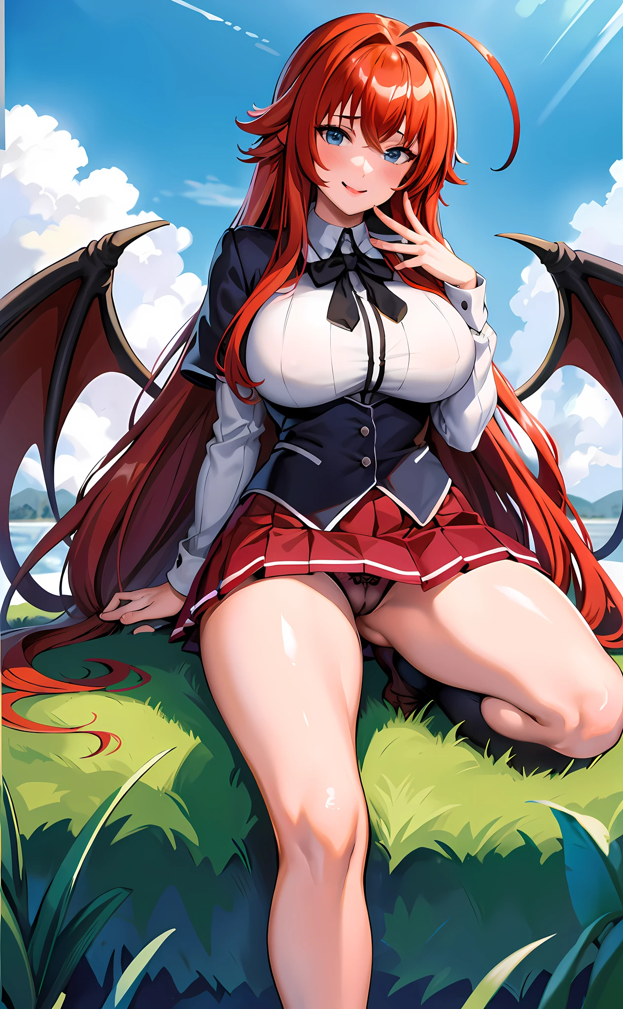 1girl, (8k, RAW photo, photorealistic:1.25), close her mouth, devil's feather, masterpiece, best quality, highres, best quality, highres, rias gremory, 1girl, long hair, school uniform, red hair, ahoge, blue eyes, large breasts, very long hair , skirt, huge ahoge, socks, spread legs, panties, smile, tongue out,