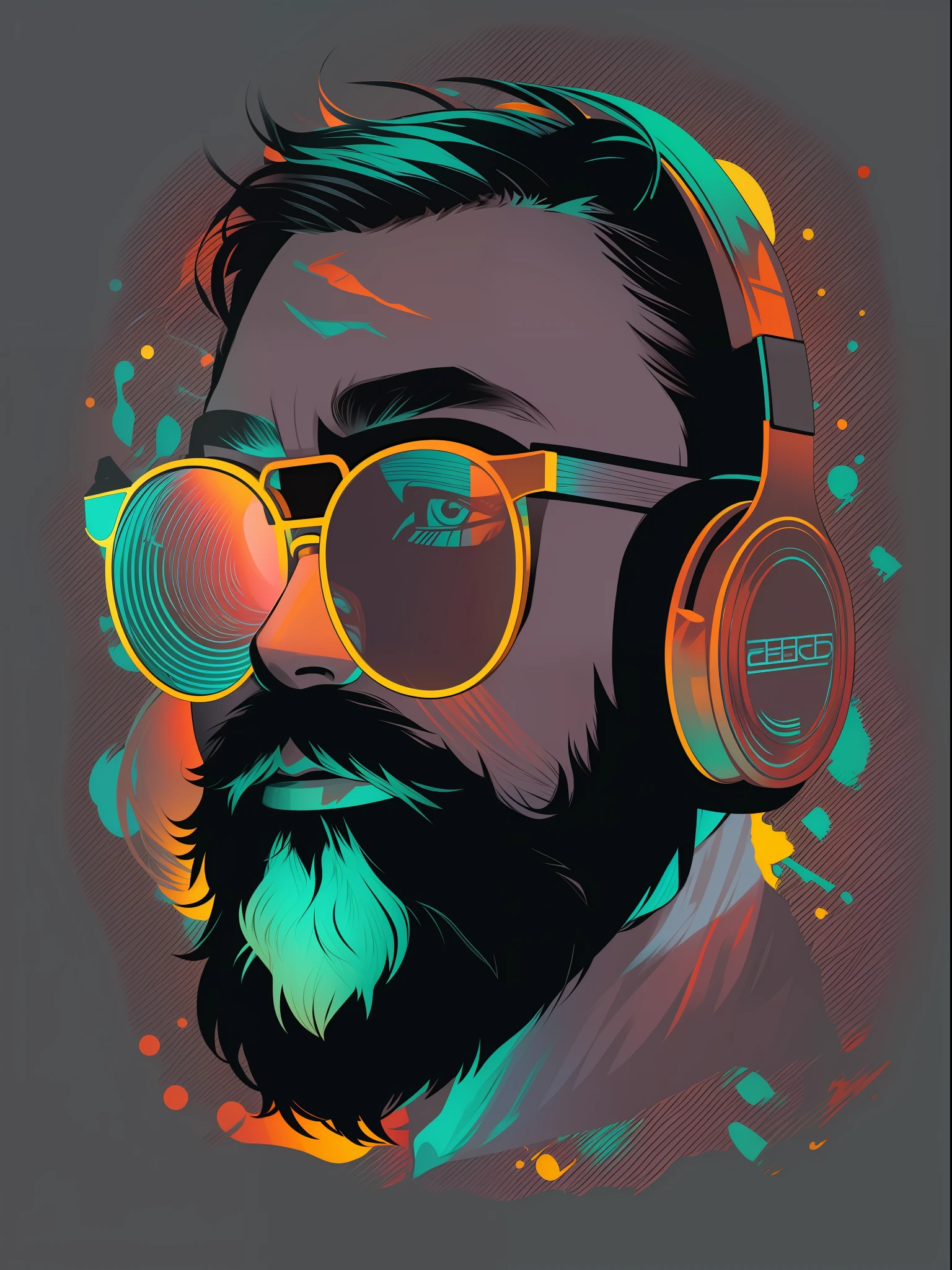 bearded face silhouette illustration, headphones and eyeglasses, glasses lenses with colored reflections