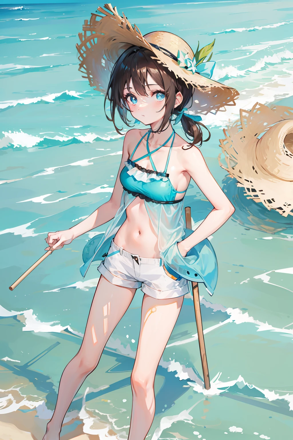 Cyan three-point swimsuit,Straw Hat Hat,Short brown hair,Bare legged,X-shaped hairpin,Light blue pupils,leg loops,Stick one hand in your pocket,Mare,Low ponytail,The half body is located in the sea