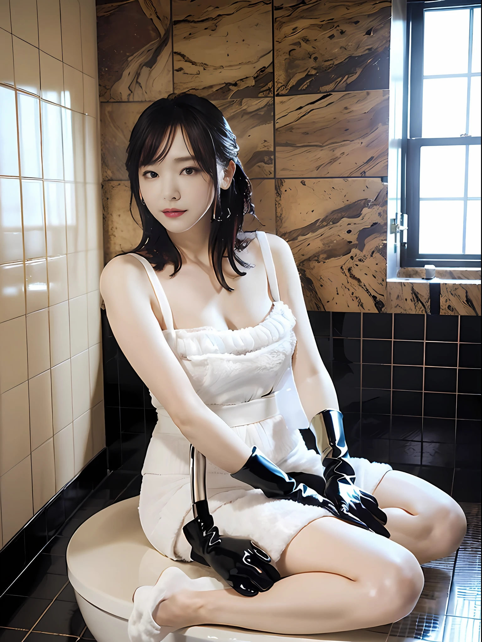 ((top-quality、16K、​masterpiece:1.3))、1 slender beauty:1.3、(c-cup breasts:1.1、Slender Abs:1.2)、((wetting hair)、(Ultra Detailed Face and Skin Texture、A detailed eye、二重まぶた、Detailed eyes)、(sitting down on the floor、Spread your legs apart,)、(bath room、Crisp focus:1.1、35mm lens)、whole body soaked、Group of 2、Black rubber gloves、Chunky gloves、Long gloves、Cleaning gloves、Black boots、Shiny boots、Rain boots