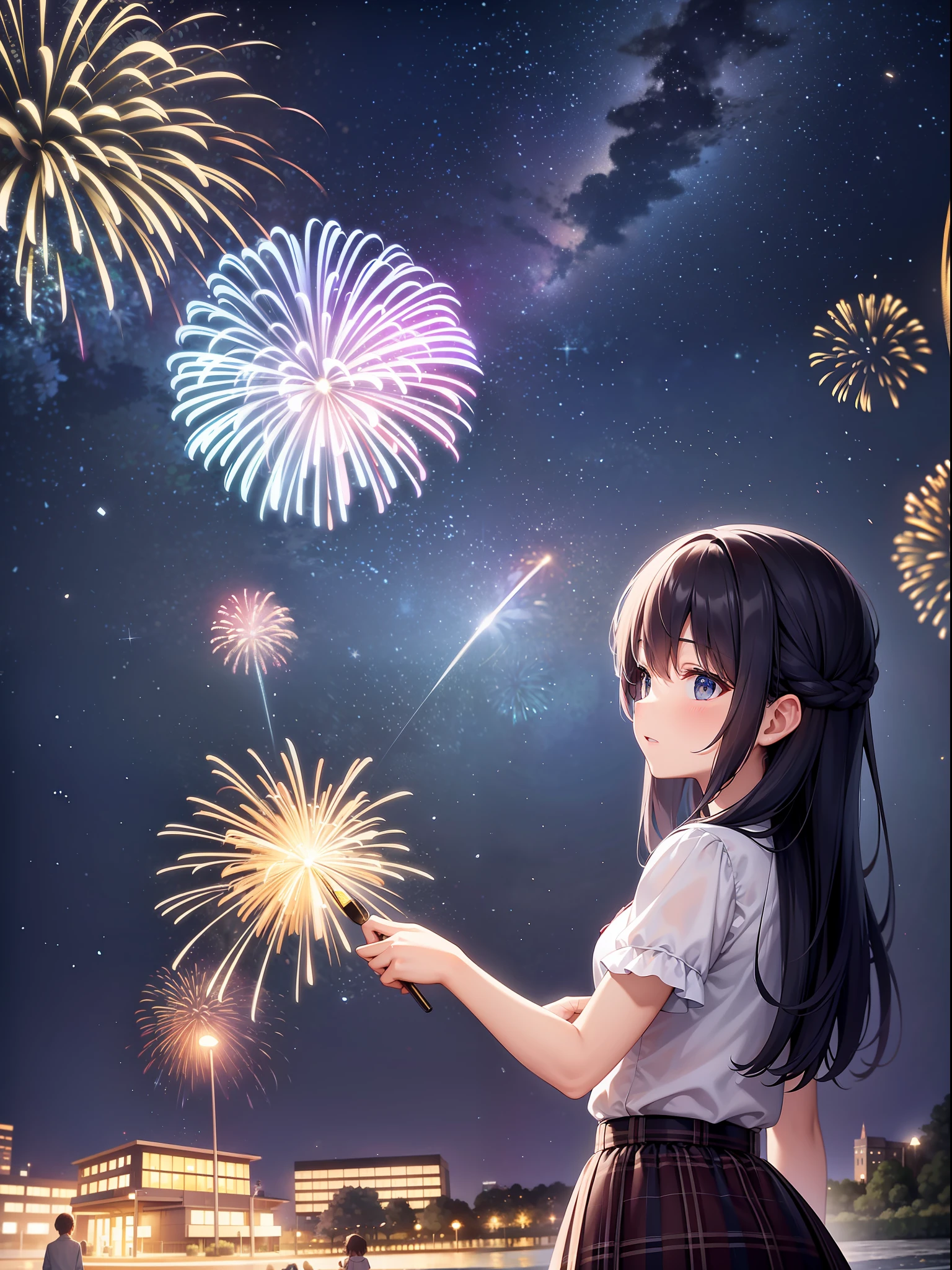 the night，Brilliant fireworks and starry sky，lakeside，The little ones are playing，Meteors flew by，Human fireworks，Masterpiece，Premium texture，4K Ultra HD