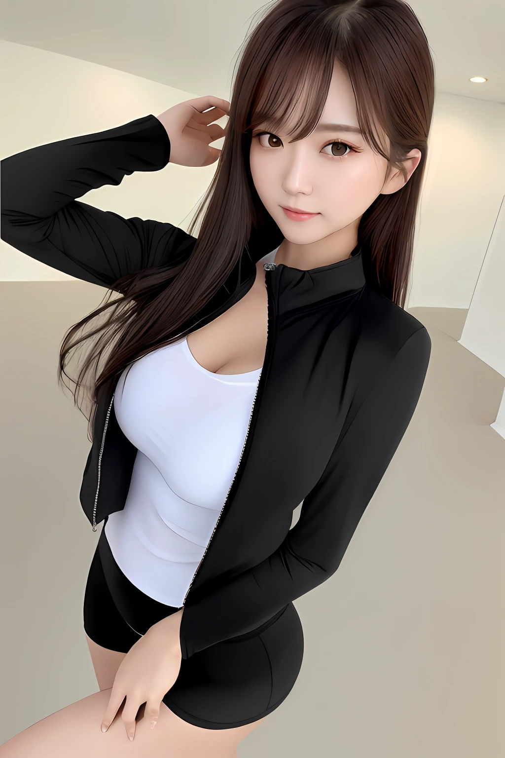 （8k， RAW photos， best qualtiy， tmasterpiece：1.2）， （realisticlying， photograph realistic：1.37）， \（ulzzang-6500-v1.1\）， \（Detailed eyes）， \（detailedfacialfeatures\）， \（\（detailed clothes features\）\）， （full bodyesbian：1.3），（big cleavage breasts），（sface focus）， the Extremely Detailed CG Unity 8K Wallpapers， hugefilesize， ultra - detailed， A high resolution， absurderes， beautidful eyes， Ray traching， dramatic shadow， finely detailled， dramatic angles， high saturated， Lens glare， （standing on your feet）， softlighting， detailed skin textures， detailed clothing texture，looking at viewert，
1girll，独奏，A faint blush，（grin face，cheerfulness），独奏，long_tracksuit，Yoga pants for（Closed jacket：1.2），Extremely small buttocks，Fine retreat，Young and beautiful Korean beauty，Bigchest，Seductive eyes