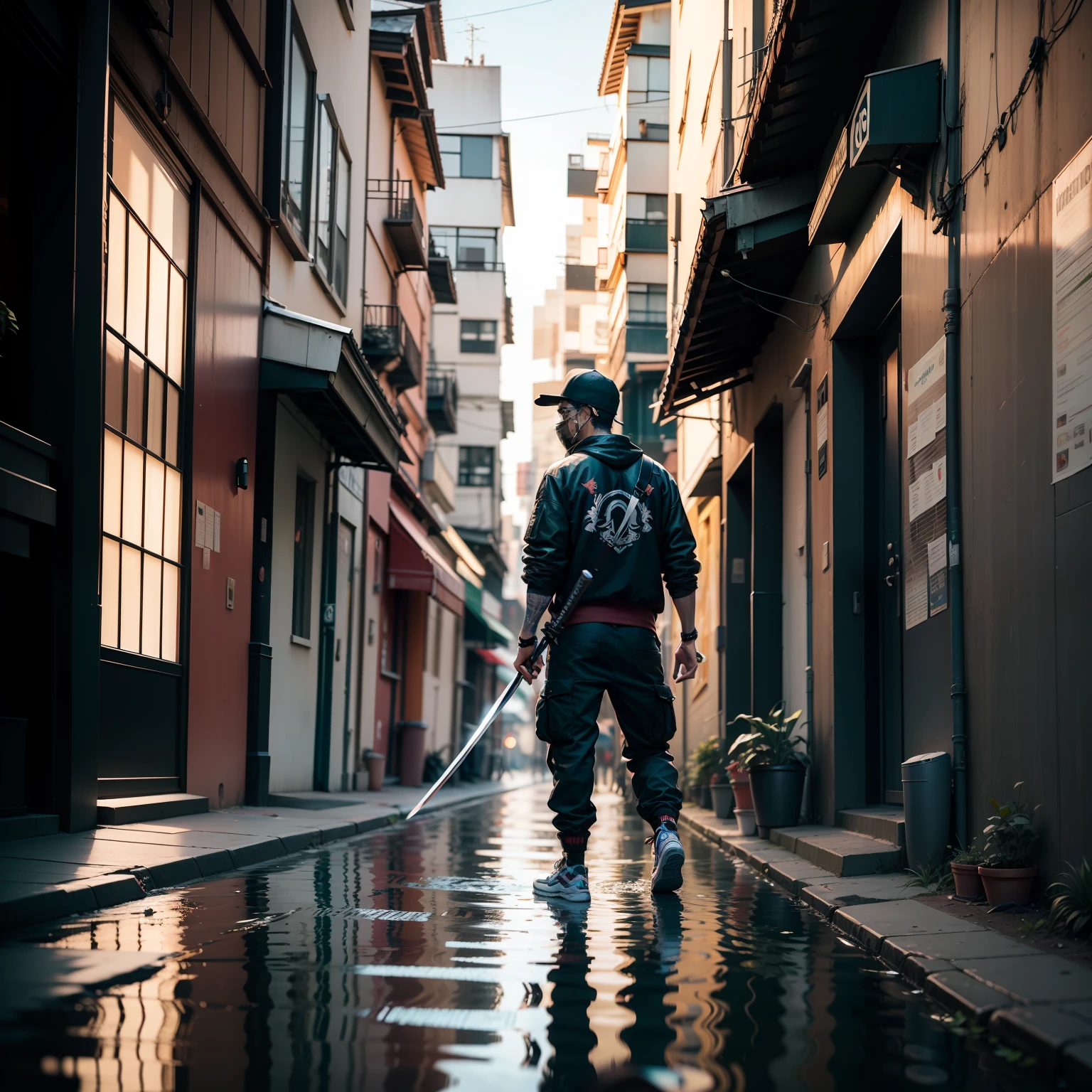 Renderize (Tangiro Kamada) em 2.5D, the Demon Slayer, streetwear xadrez preto e verde, cargo pants, wielding a katana in his right hand, de costas para o viewer, uma cidade japonesa cyberpunk, tempo chuvoso, reflective water, alto detalhamento, super detalhado, bem iluminado, reflexo realista