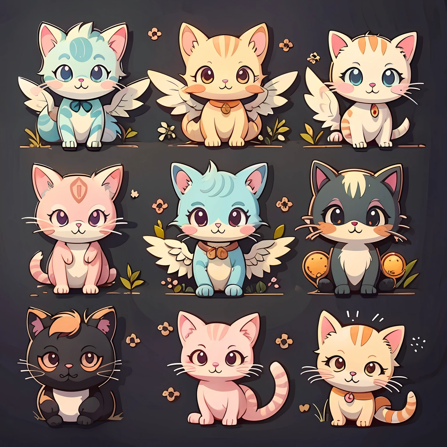 Steampunk pale pink cat、Angel wings、Cute cartoon stickers. Vector art style.