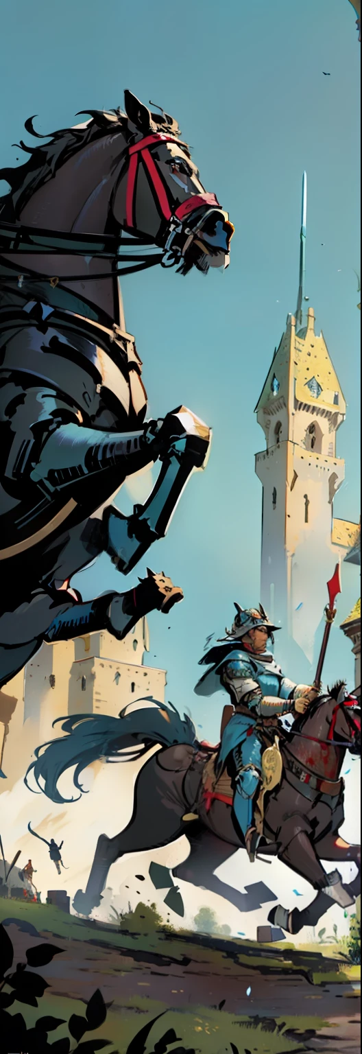 fantasy medieval illustration, male jousting knight, falling from the horse, holding a jousting spear, spitting blood, enemy over horse walking away, crowd applauding